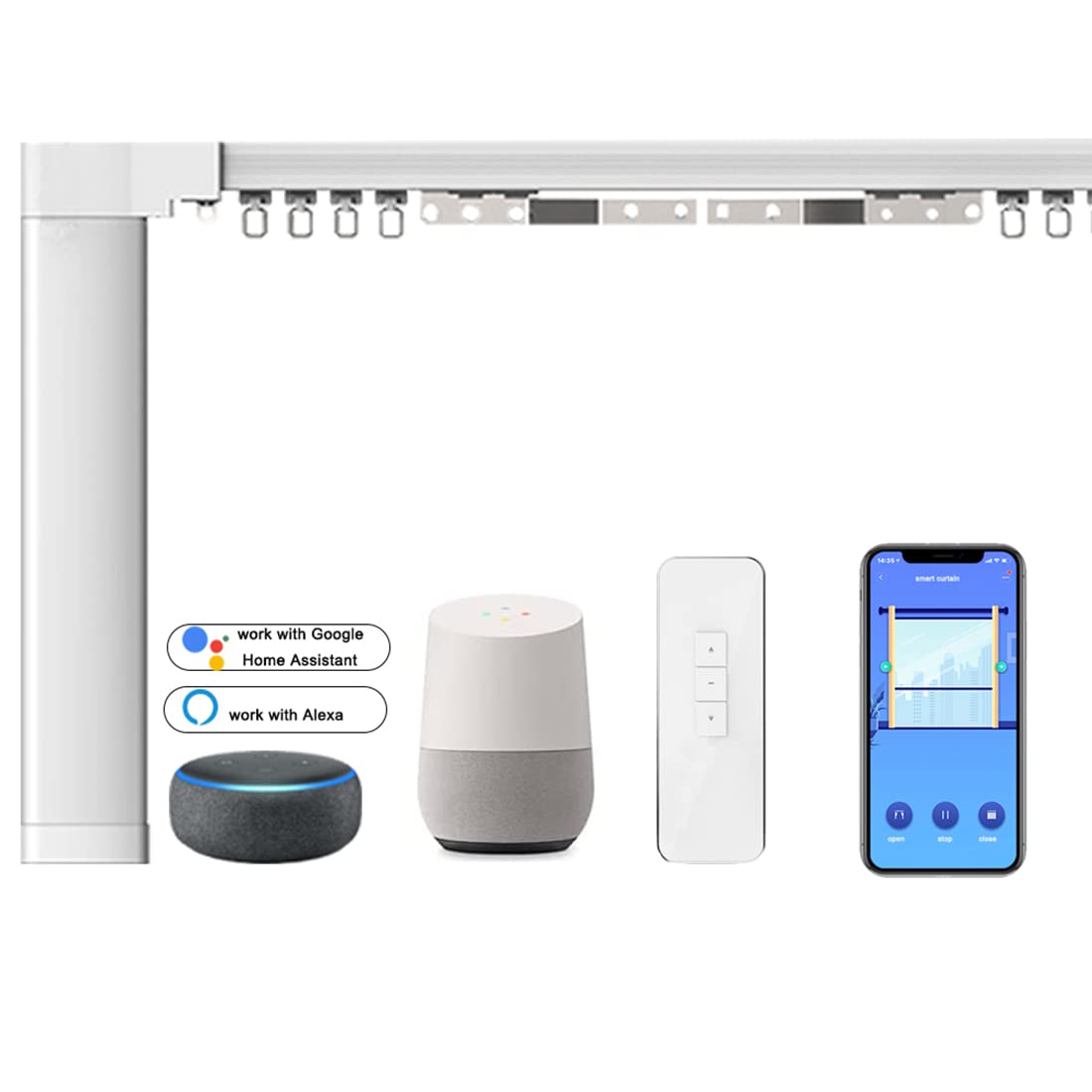 Smart Curtains System with Electric Track & Adjustable Rail - Motorized Curtain Opener with Remote Control, Alexa/Google Home Compatible (Up to 200in) - Perfect for Smart Homes, Bedrooms & Living Rooms