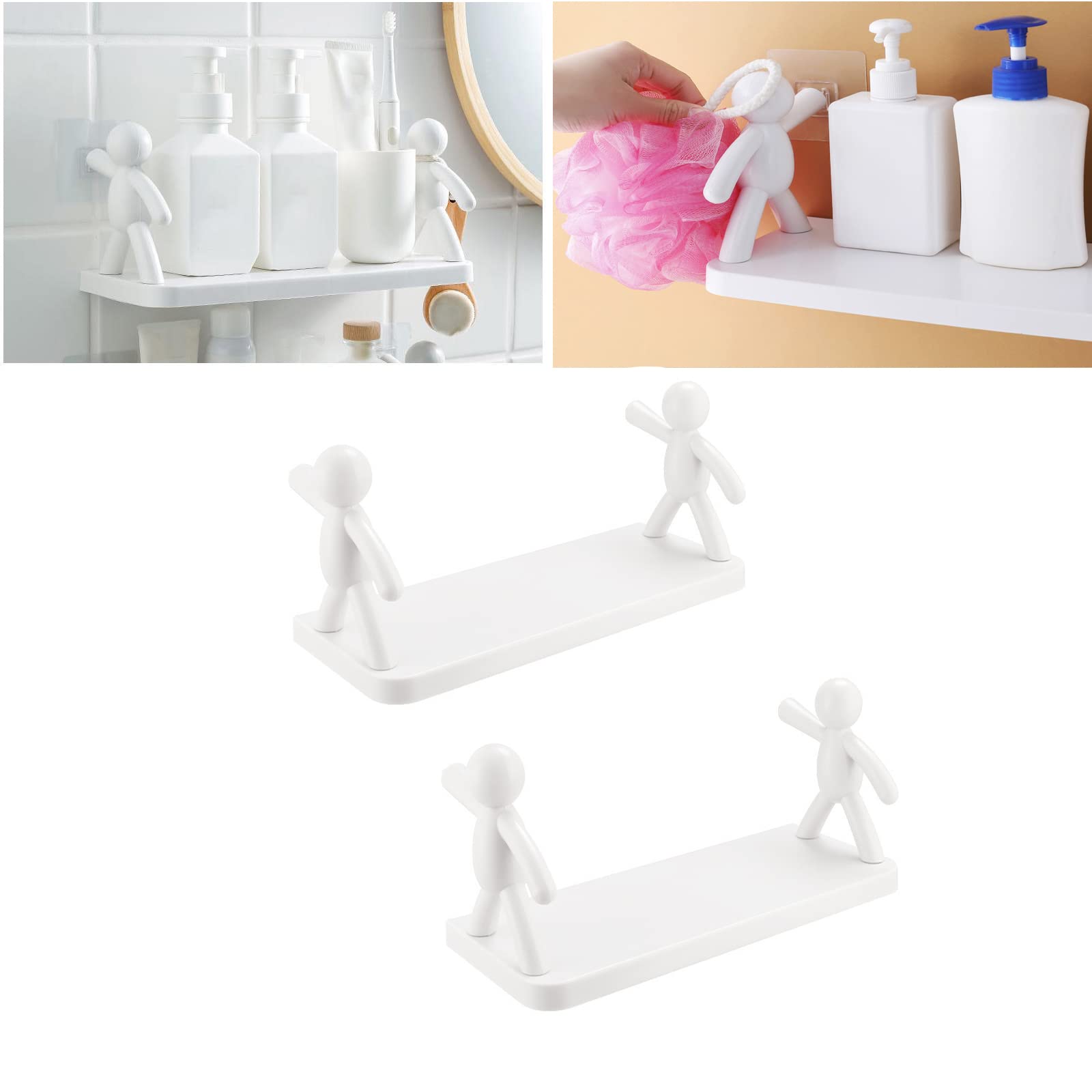 QVOBIUBIU Floating Shelves for Bathroom - Wall Mounted Storage Shelf, No Drill Humanoid Hanging Rack, Punch-Free Bathroom Organizer (White, 2 Pack) - Perfect for Small Spaces, Towel Storage & Decor