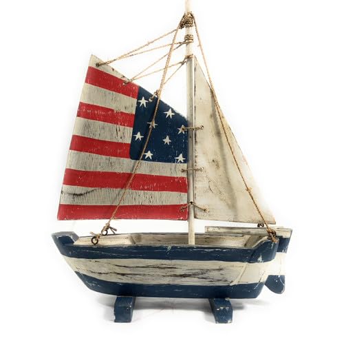 Tikimaster Americana Sail Boat 16 Inch - Patriotic Themed Wooden Decorative Ship Model | Perfect for Home Decor, Office Display & Nautical Gift Ideas