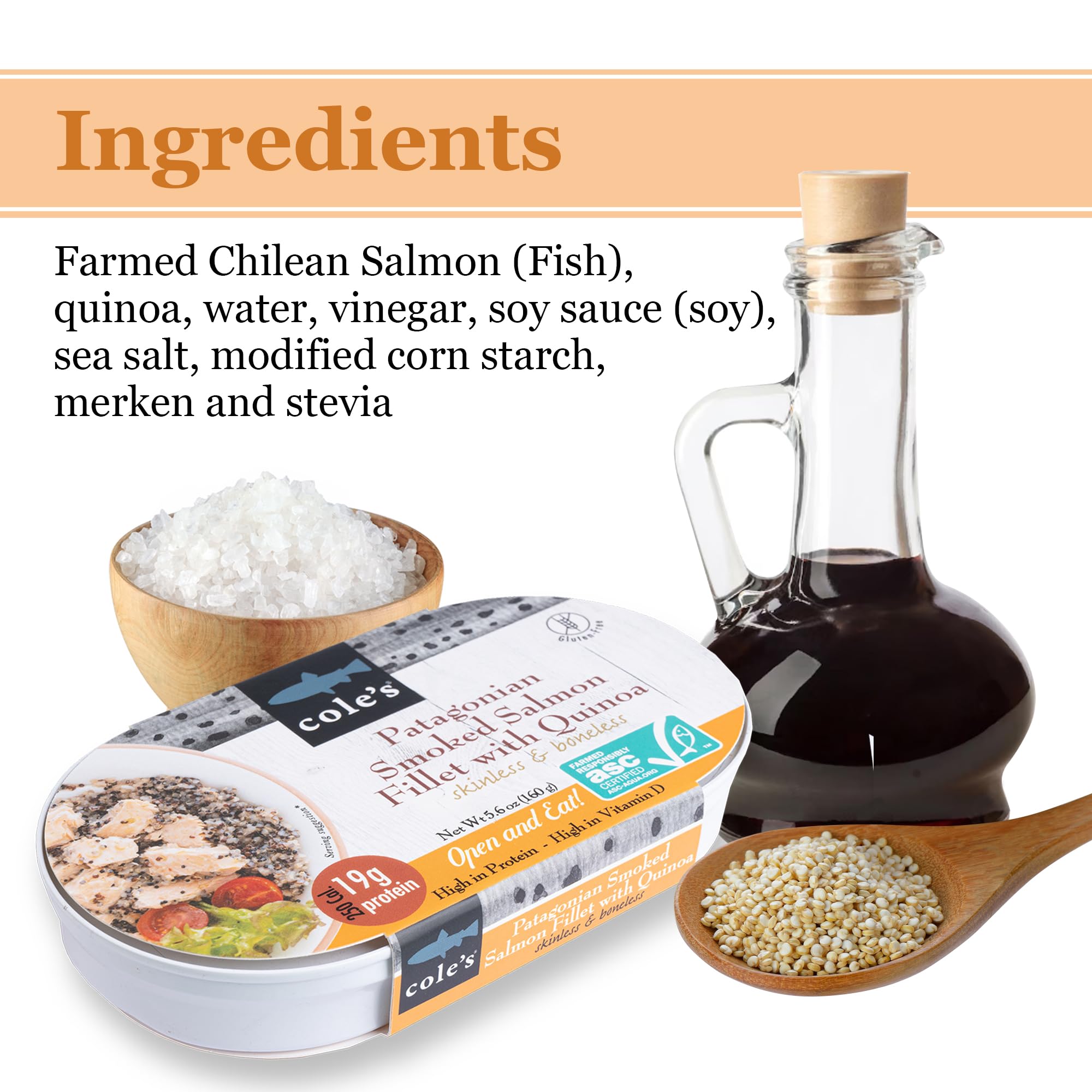 COLE’S - Patagonian Smoked Salmon Fillet with Quinoa | Ready-to-Eat Canned Fish Meal | 5.6 oz | High Protein (19g) & Vitamin D | 6-Pack | Perfect for Camping, Office Lunch & Quick Healthy Meals
