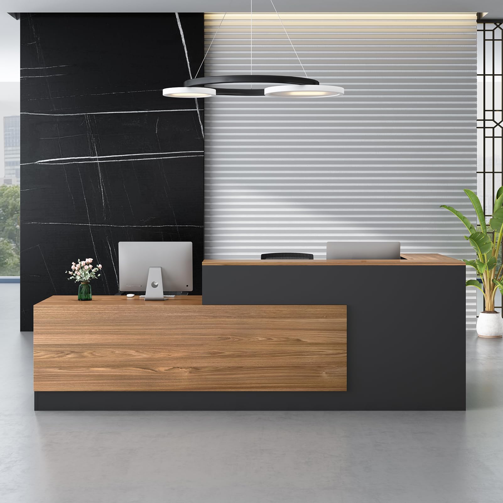 Modern L-Shaped Reception Desk - Large Wooden Commercial Receptionist Desk with Counter, Lockable Drawers & Cabinet - Office Front Desk for Corporate, Hotel, Clinic & Business Lobby (110.24