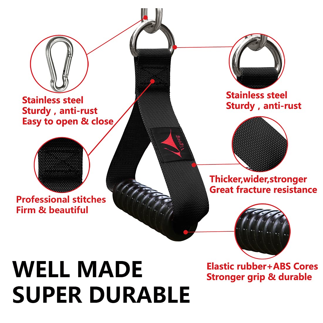 Heavy Duty Gym Handles for Cable Machine, Resistance Bands & Pulley Systems - Home Fitness Equipment with Elastic Rubber Grip & 2 Large Carabiners - Perfect for Strength Training, CrossFit & Home Workouts