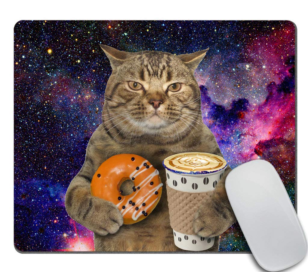Galaxy Themed Gaming Mouse Pad - Space Cat Holding Coffee & Orange Donut Design, Non-Slip Rubber Base for Office & PC Use | Custom Rectangle Computer Mousepad for Gamers & Work