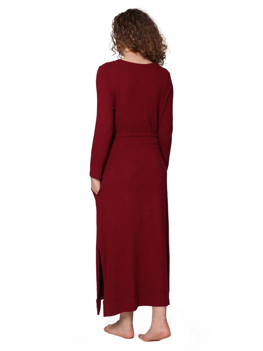 LA CERA Women's Sleepshirt Lounge Dress - Long Sleeve V-Neck Nightgown with Side Slits & Pockets - Soft Rayon Polyester Spandex Blend - Machine Washable - Perfect for Sleeping, Lounging & Relaxing at Home