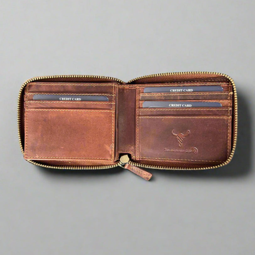 Premium Men's Zip Around Cow Leather Wallet - RFID Blocking, Slim Bifold Design for Cash & Cards - Perfect for Travel, Business & Everyday Use