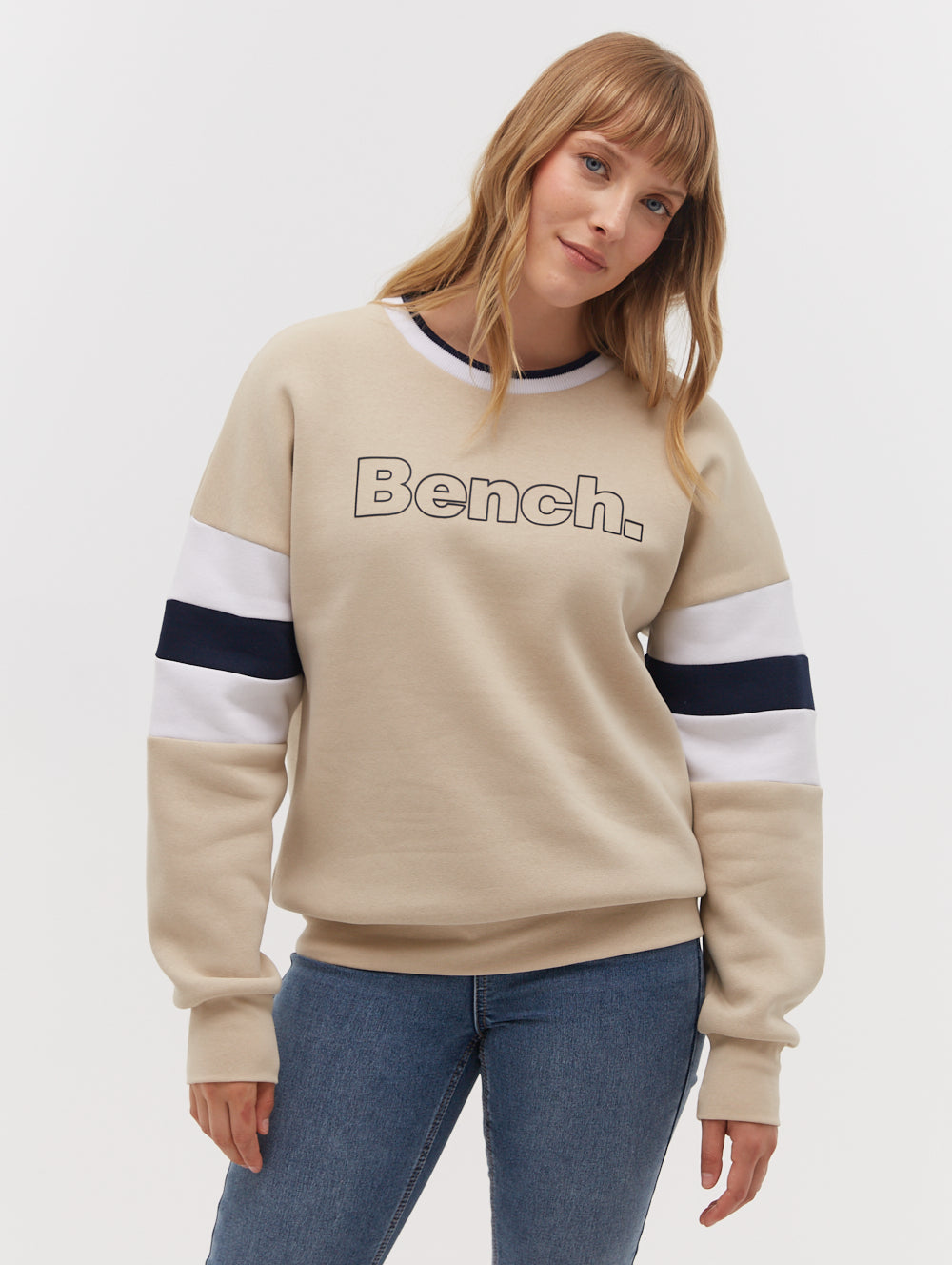 Hendra Stripe Sleeve Crew Neck Sweatshirt for Women - Soft Casual Pullover with Striped Sleeves - Perfect for Fall Outfits, Weekend Wear & Layering