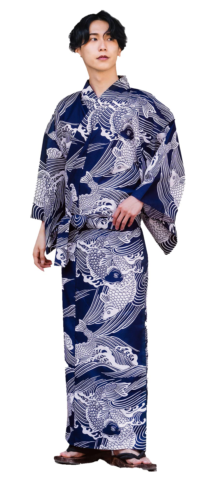 Japanese Kimono Yukata Robe for Men - 100% Cotton Long Bathrobe with Navy Carp Print - Medium Size (58