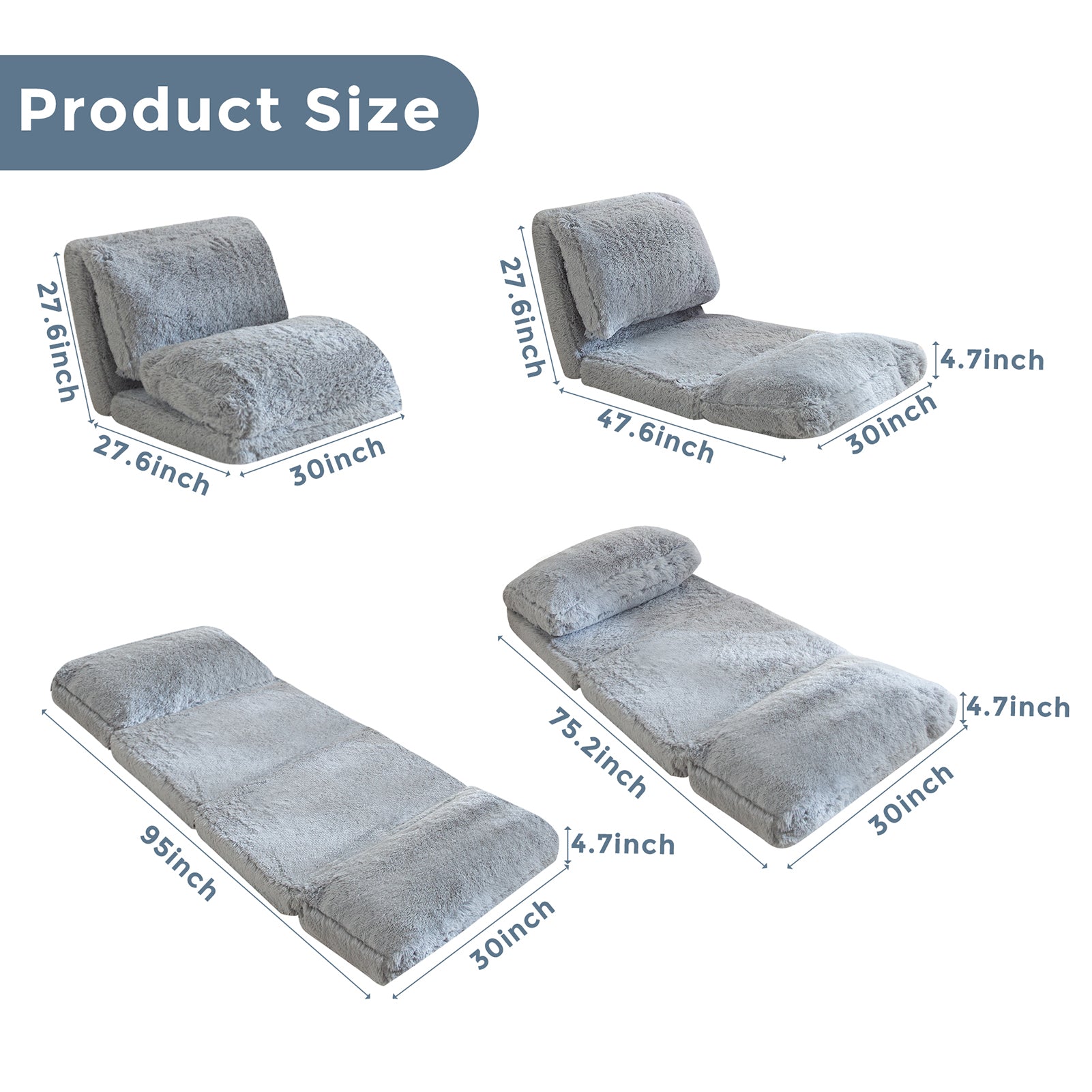 MAXYOYO Folding Floor Sofa Bed - Grey Faux Fur Bean Bag Chair with Foam Filling, Convertible Sleeper for Living Room, Bedroom & Dorm | Comfortable Lounge Seating for Relaxing, Reading & Napping
