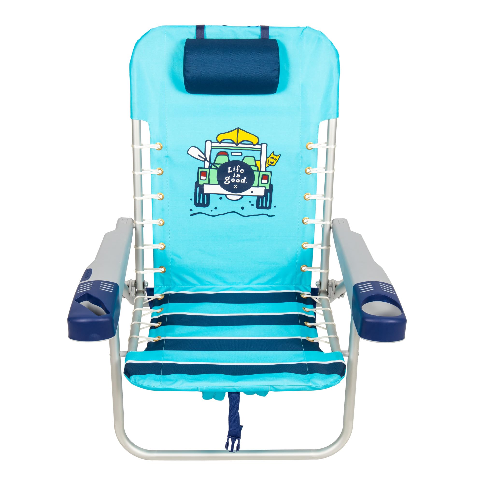 Life is Good 4-Position Adjustable Lace-up Backpack Beach Chair with Pillow, Cup Holder & Phone Pocket - Portable Folding Camping Chair for Beach, Park, Travel & Outdoor Activities - Island Blue