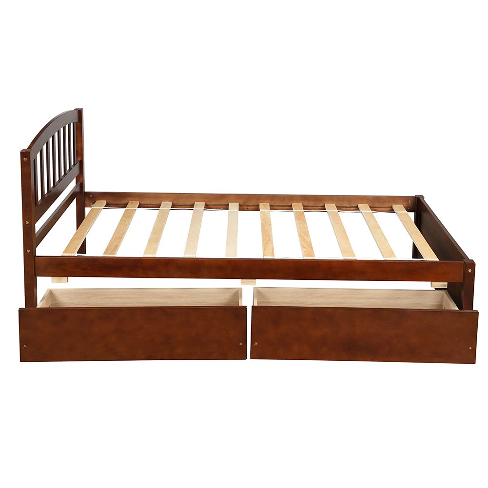 Twin Size Wood Platform Bed with Storage Drawers & Headboard - Easy Assembly Walnut Finish for Small Spaces & Guest Rooms