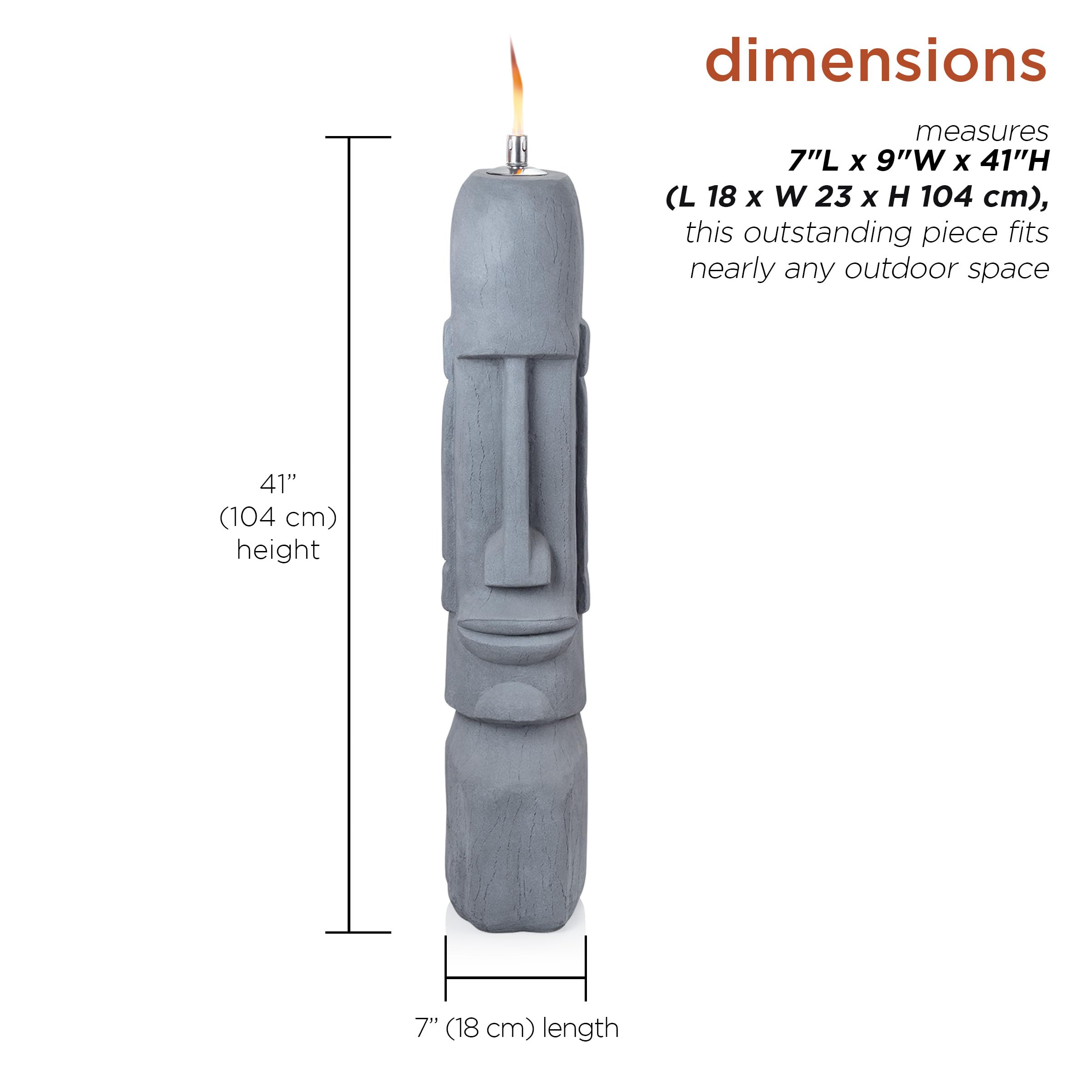 Alpine Corporation DIG282 Gray Cement Moai Head Oil Torch Lamp - Outdoor Tiki Statue for Patio, Garden, and Poolside Decor