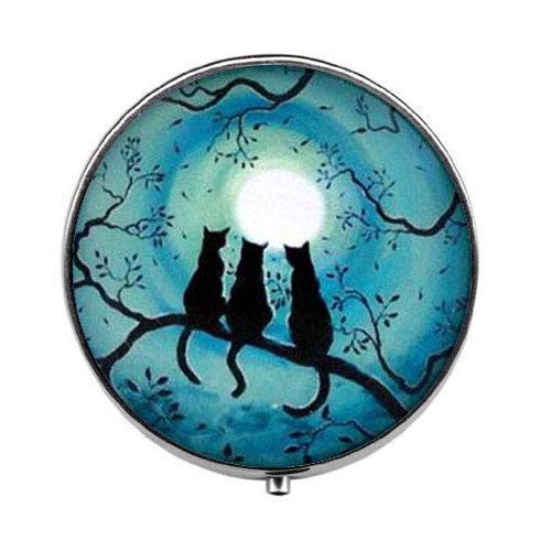 Blue Moon and Cat Charm Pill Box - Elegant Glass Candy & Medicine Organizer for Travel, Home, and Office Use