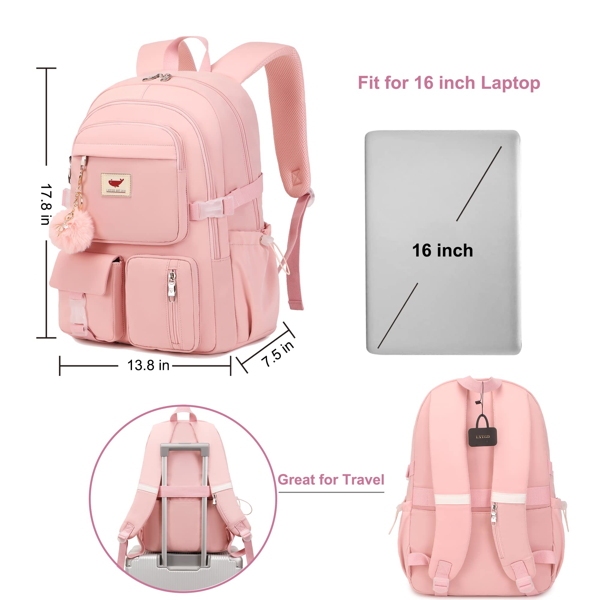 LXYGD 15.6 Inch Anti-Theft Laptop Backpack for Women & Teens - Lightweight School Bag for Elementary, Middle, High School & College Students - Travel Backpack with Large Capacity for Books & Essentials (Pink) - Perfect for Daily Commute, Campus Life & Business Trips