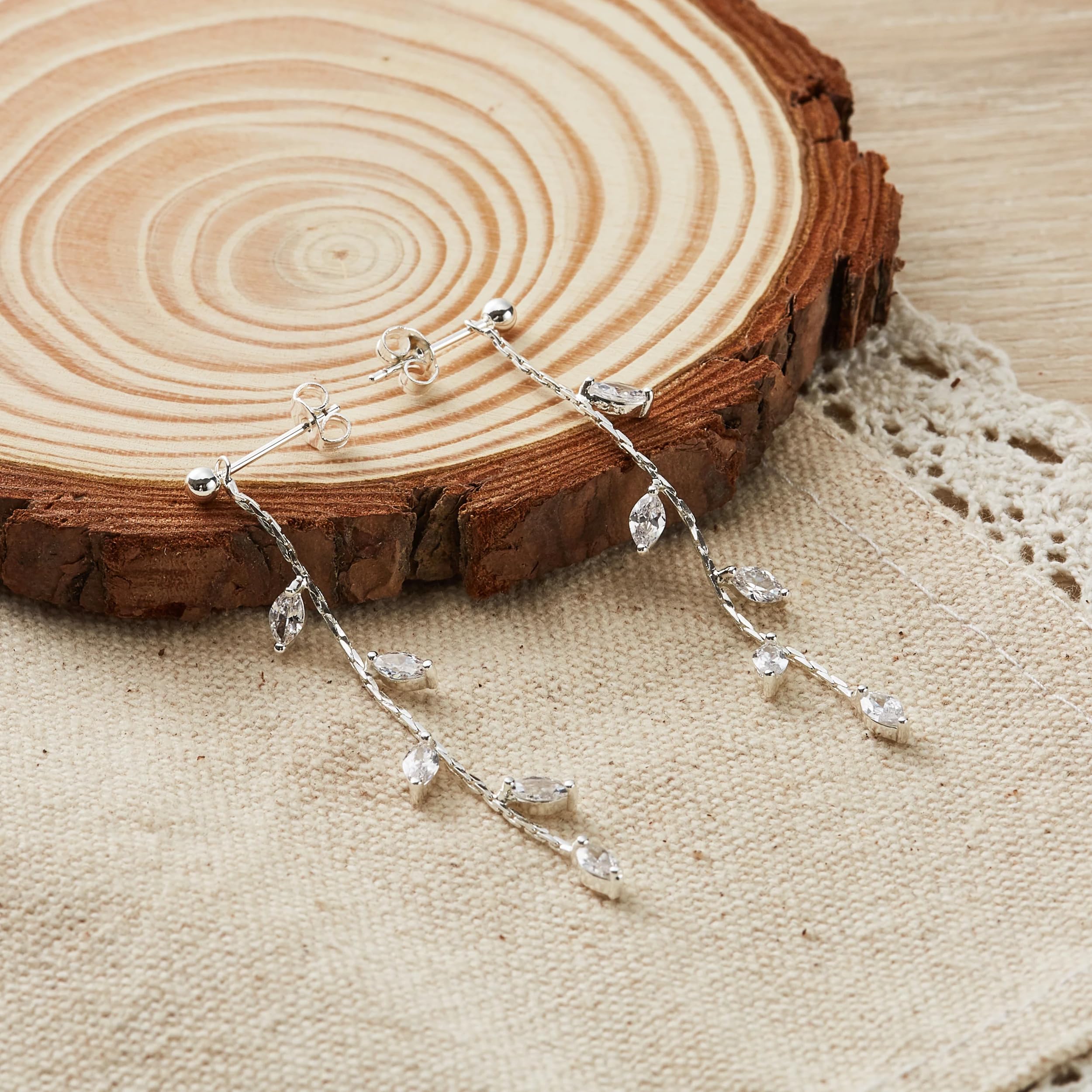 Silver Plated Leaf Earrings with Zirconia Crystals for Women - Elegant Party Jewelry