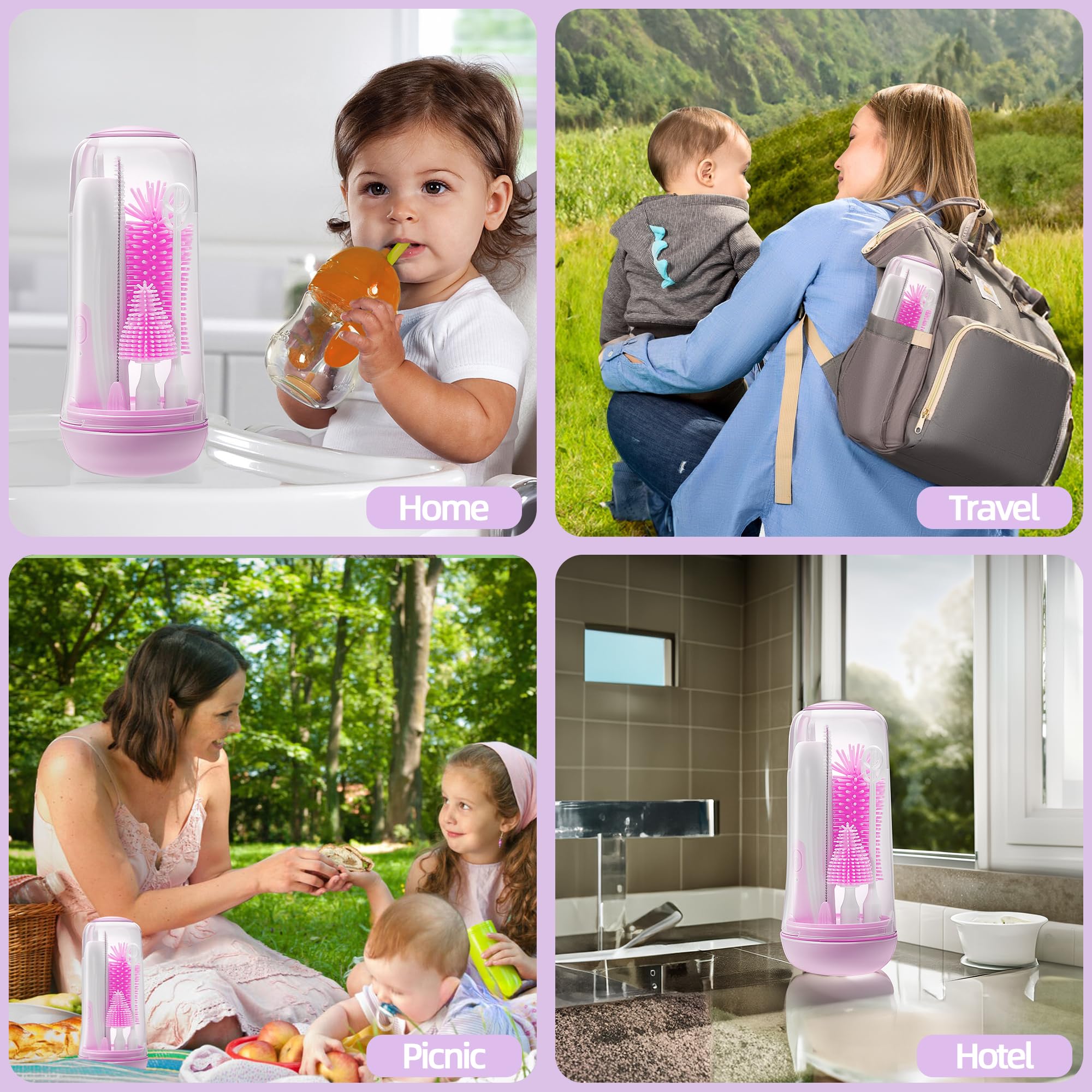 Electric Baby Bottle Cleaner Brush Set - Portable Waterproof USB Rechargeable Bottle Scrubber with Nipple & Straw Brush, Milk Frother - Perfect for Travel, Home & Daycare Use (Pink)