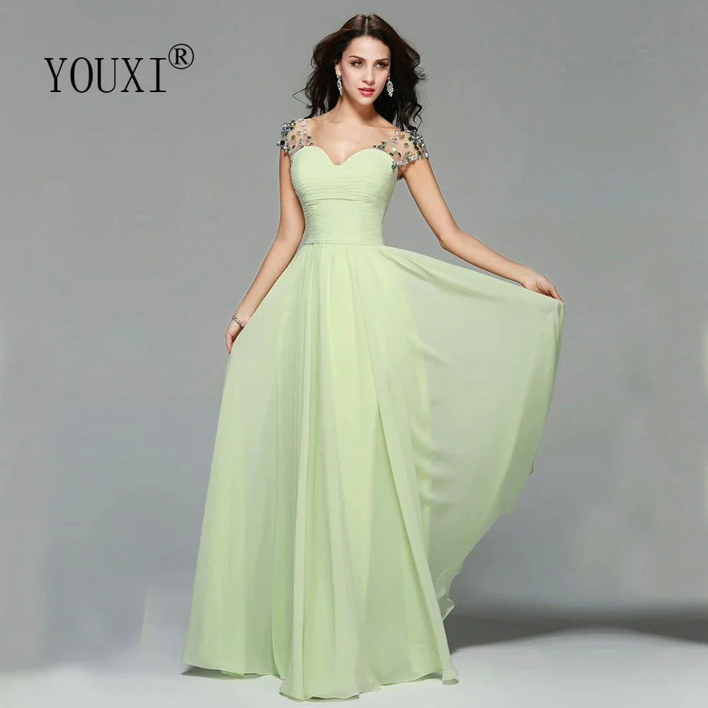 Elegant Cap Sleeves Light Green Prom Dresses for Women - Chiffon Formal Evening Gown with Crystal Details | Perfect for Homecoming, Prom Night, and Special Occasions