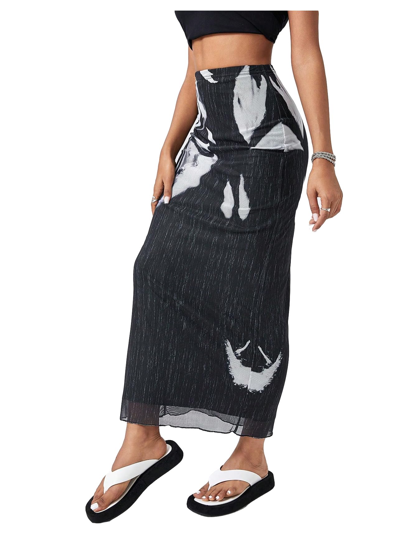 MakeMeChic Women's Y2K High Waist Graphic Print Mesh Pencil Maxi Skirt - Trendy Long Skirt for Party, Club, Date Night & Casual Outfits