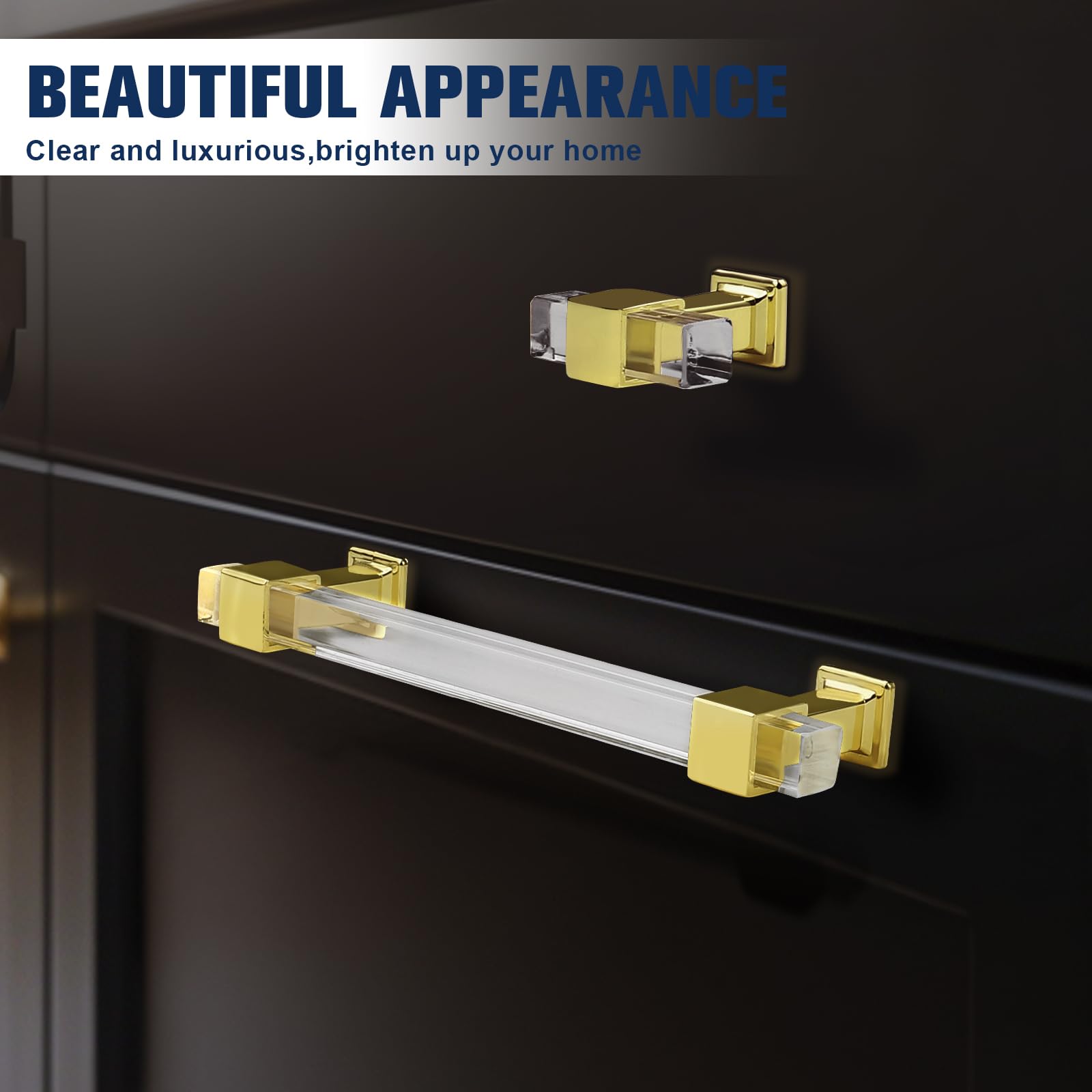 Orger 30 Pack 3 Inch Clear Acrylic Square Tube Cabinet Handles with Gold Finish - Modern Drawer Pulls for Kitchen Cabinets, Bedroom Dressers, Wardrobes & Cupboards - Easy Installation & Stylish Upgrade for Home Decor