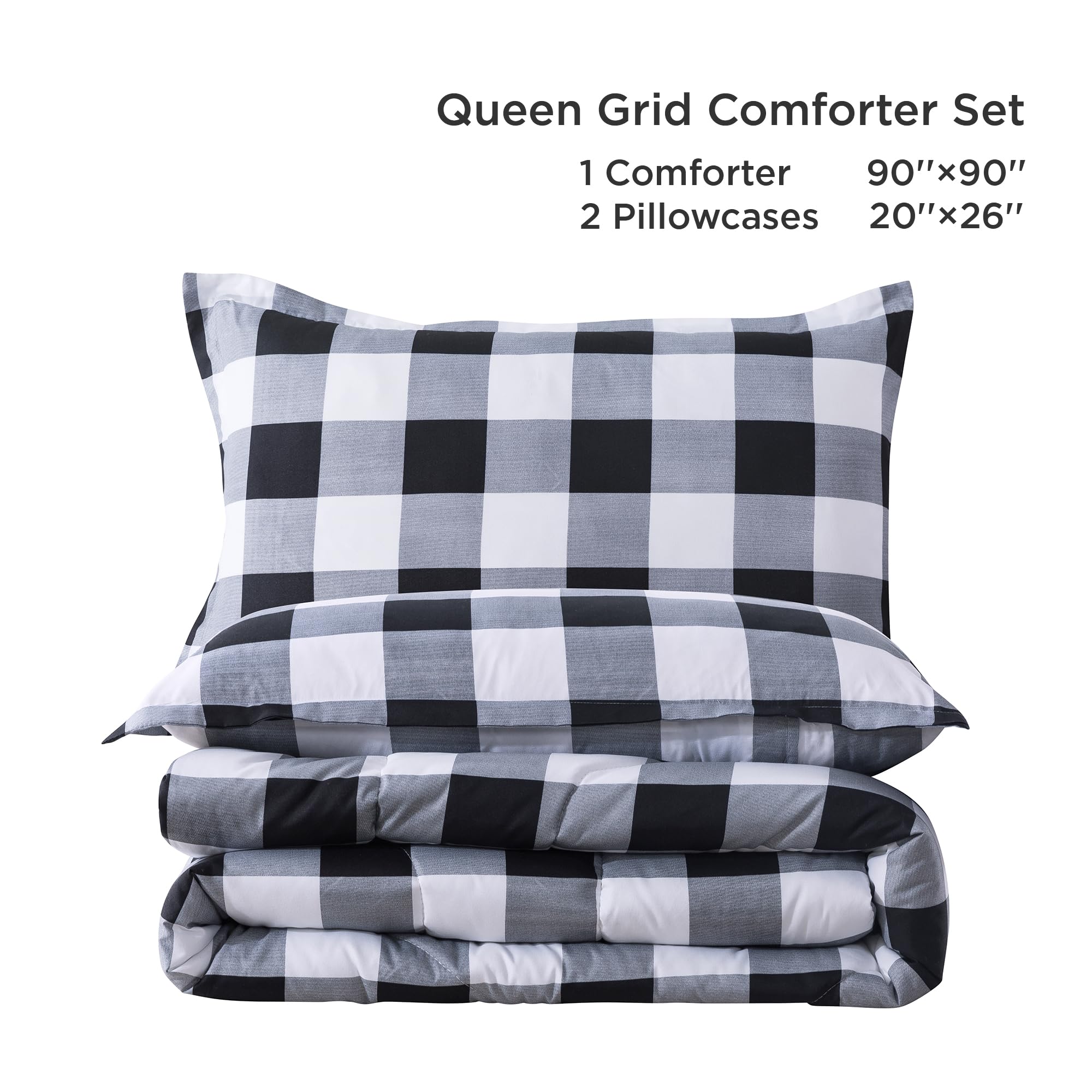 Andency Gray Black White Plaid Queen Comforter Set - Reversible Buffalo Check Bedding for Boys & Teens | All-Season Lightweight Microfiber Comforter | Soft & Fluffy Neutral Bedding for Queen Size Beds | Perfect for Dorm Rooms, Guest Bedrooms & Cozy Teen Bedrooms