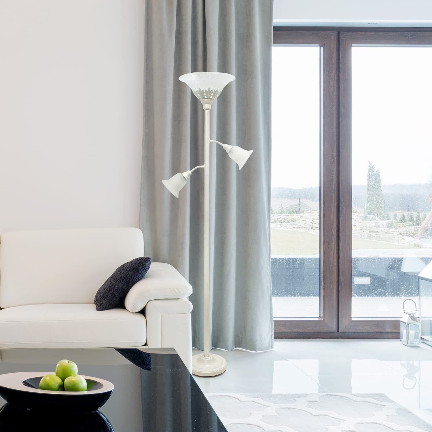 White Torchiere Floor Lamp with 2 Adjustable Reading Lights & Scalloped Glass Shades - Perfect for Living Room, Bedroom & Office Lighting