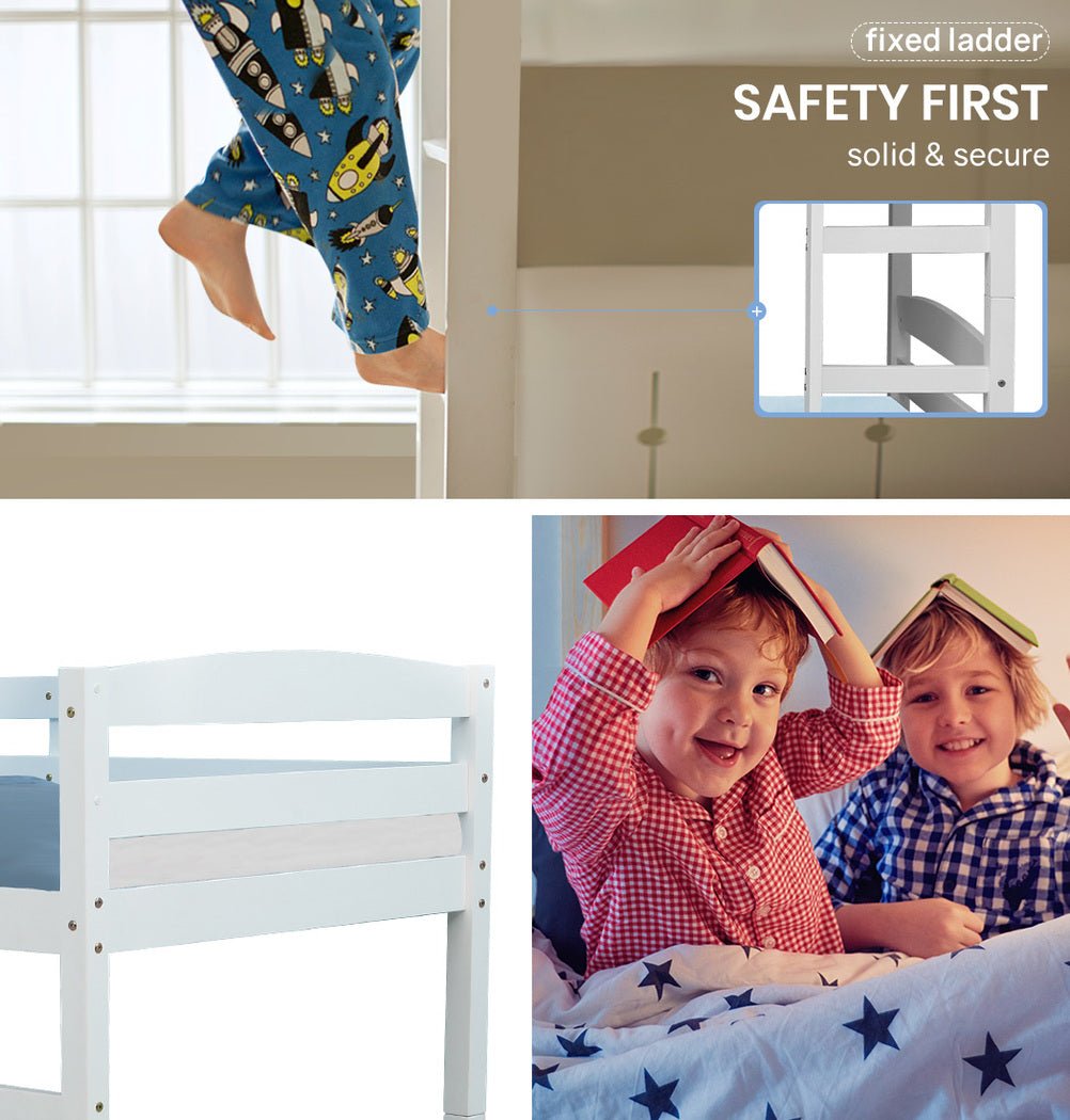Kids Single Wooden Bunk Bed Frame - White | Sturdy & Safe Loft Bed for Children's Bedroom | Perfect for Siblings, Sleepovers & Small Spaces