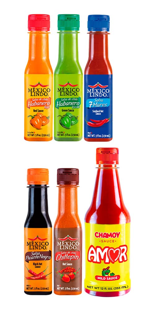 Mexico Lindo Hot Sauce Variety Pack - 6 Bottles (37 Fl Oz) | Includes Amor Chamoy Sauce & 5 Spicy Flavors | Authentic Mexican Hot Sauces for Tacos, Wings & Cooking | Perfect Gift for Hot Sauce Lovers