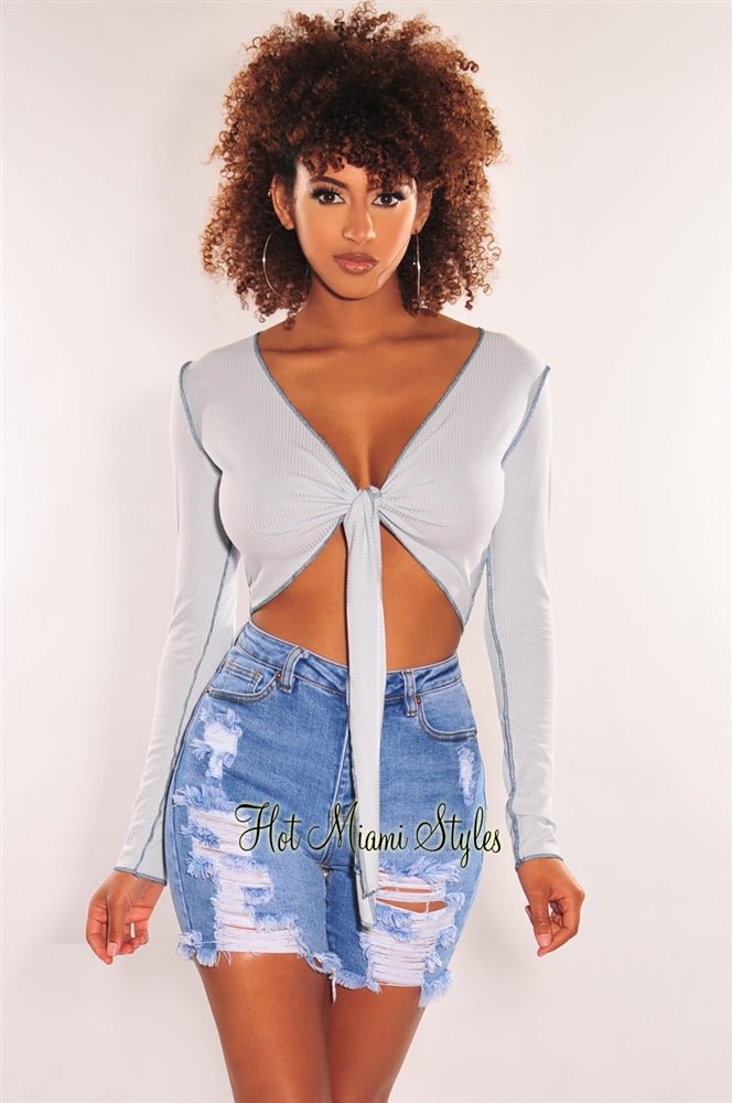 Baby Blue Ribbed Exposed Seams Tie Up Long Sleeve Top for Women | Casual & Chic Knit Shirt | Perfect for Date Night, Office Wear & Weekend Outfits