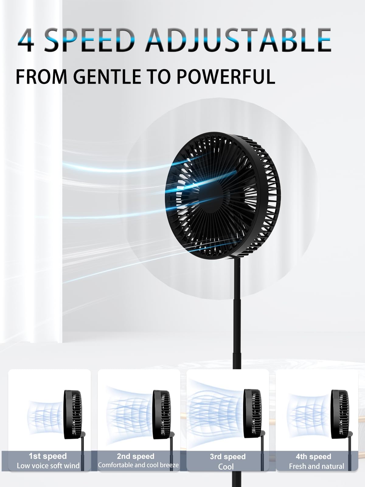 UN UNITEDTIME Foldable Fan with Remote Control - 7200mAh Rechargeable Battery, 4 Speed Settings & Timer - Portable Pedestal Fan for Camping, Travel, Outdoor, Home Use - Perfect for Bedroom, Office, and Patio (Black)