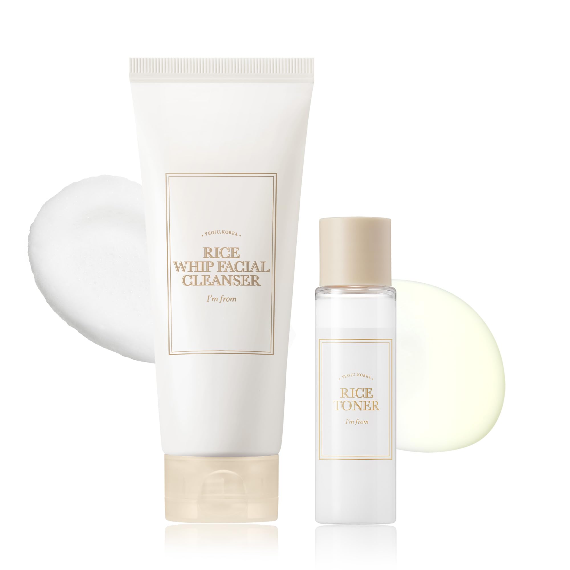 I'm from Rice Toner 1.01 Fl oz & Rice Whip Cleanser 5.07 Fl oz Set | Korean Rice Skincare for Dry, Combination, Sensitive Skin | Hydrating Toner & Gentle Face Wash for Glowing Complexion | Perfect for Daily Skincare Routine & Travel