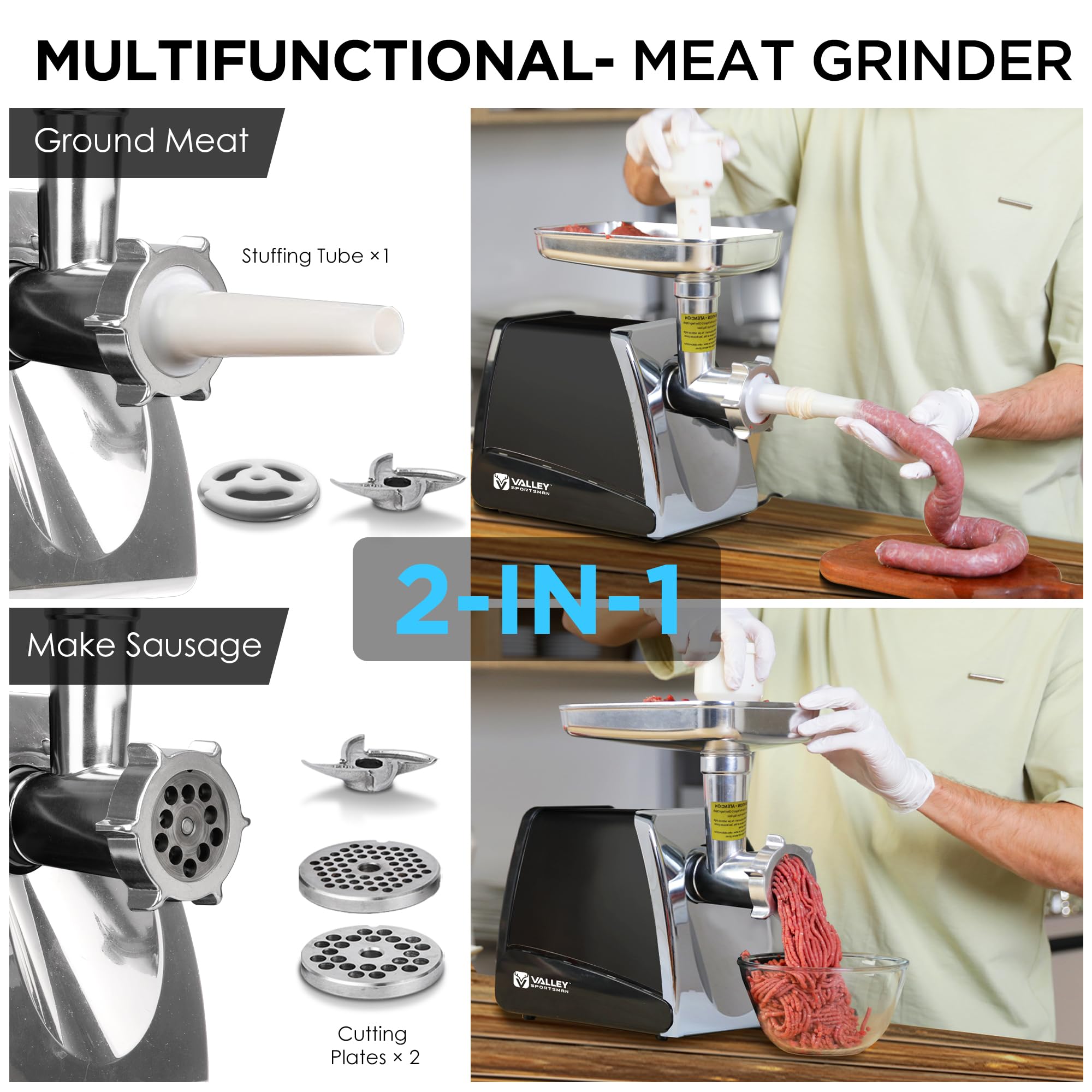 8# Electric Meat Grinder & Sausage Stuffer - 3/4HP 575W Heavy Duty Mincer with Stainless Steel Blades & 3 Grinding Plates - Perfect for Home Kitchen, BBQ Parties & Hunting Season - Black
