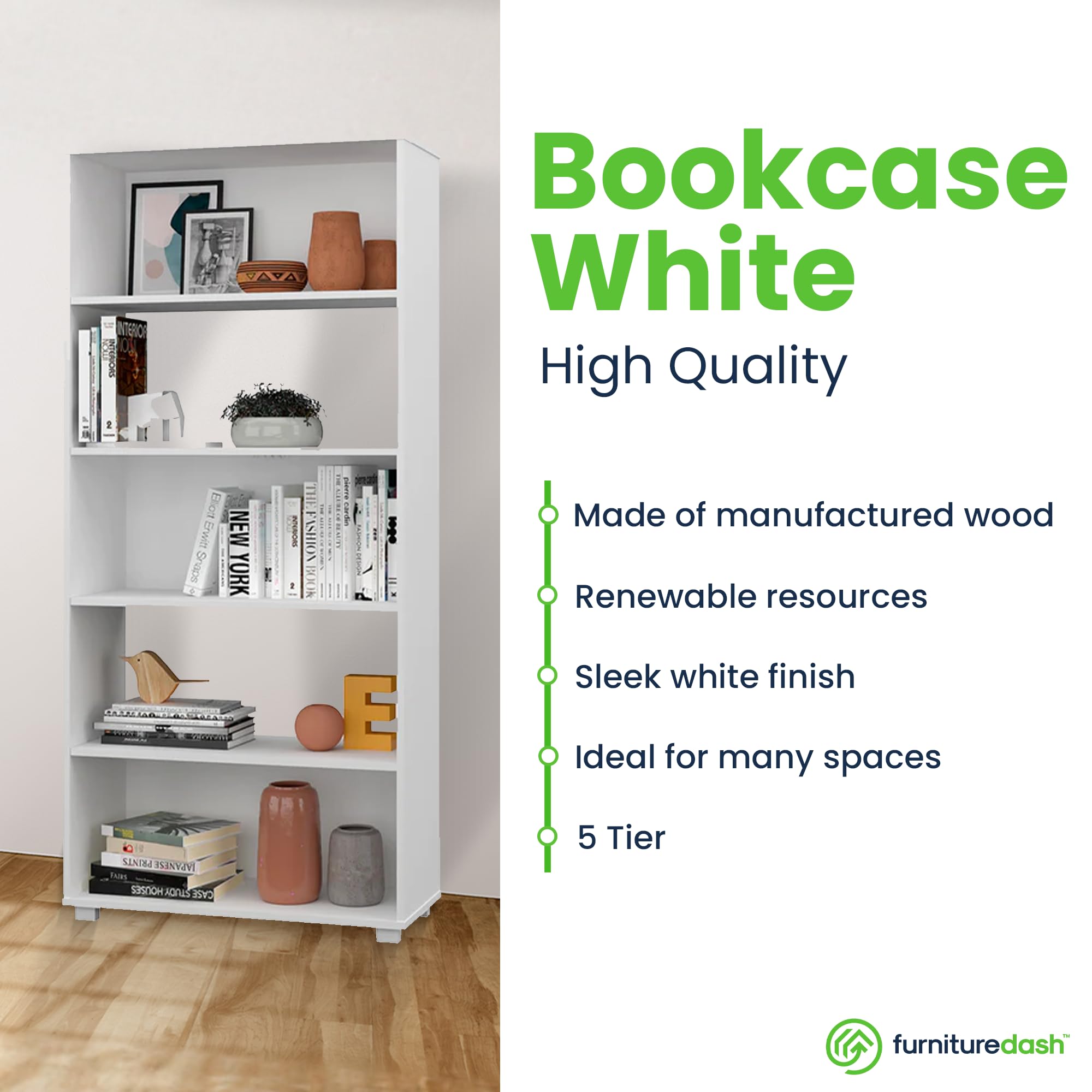Modern White Bookcase - Sturdy Wooden Bookshelf for Home & Office - Perfect for Living Room, Bedroom, or Study Organization