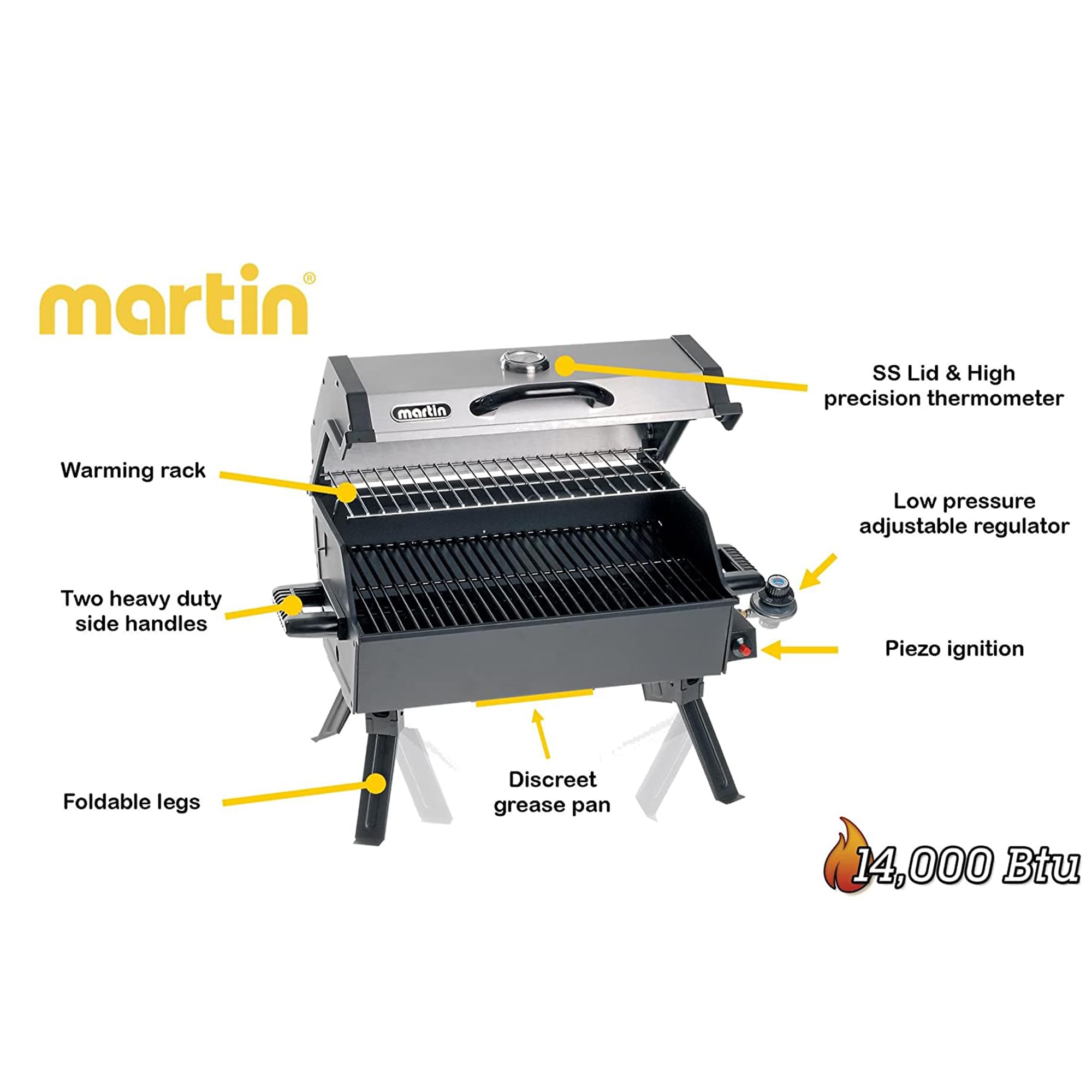 Martin Portable BBQ Grill - 14,000 BTU Tabletop Propane Gas Grill with Folding Legs & Lid for Outdoor Cooking, Camping, Picnics, Backyard Parties & RV Travel | Compact & Lightweight Design for Easy Transport