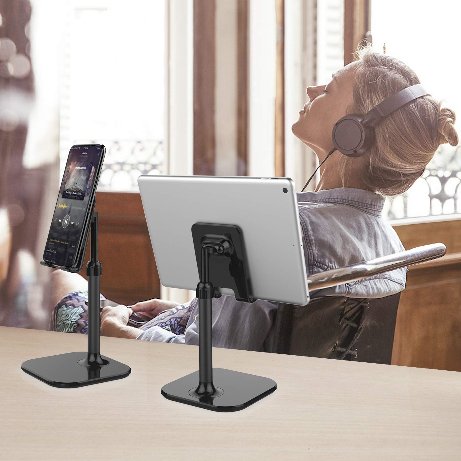 Doboli Adjustable Cell Phone Stand for Desk - Universal Phone Holder Compatible with iPhone, Samsung, All Smartphones & Tablets (Black) - Perfect for Home Office, Video Calls & Hands-Free Viewing