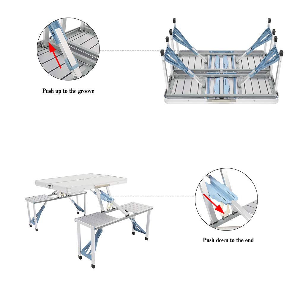 Portable Aluminum Alloy Folding Picnic Table with 4 Chairs - Lightweight Camping Table Set for Outdoor, Travel, Beach & Backyard - Includes Umbrella Hole for Sun Protection