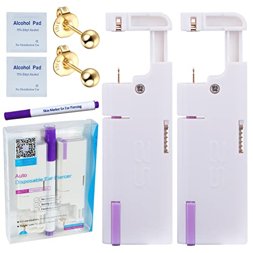 Firstomato 2PCS Disposable Ear Piercing Kit - Self Use Ear Piercing Gun with Hypoallergenic 24K Gold Earrings (3mm Ball) - Safe for Cartilage & Lobe Piercing at Home, Travel, or Salon Use