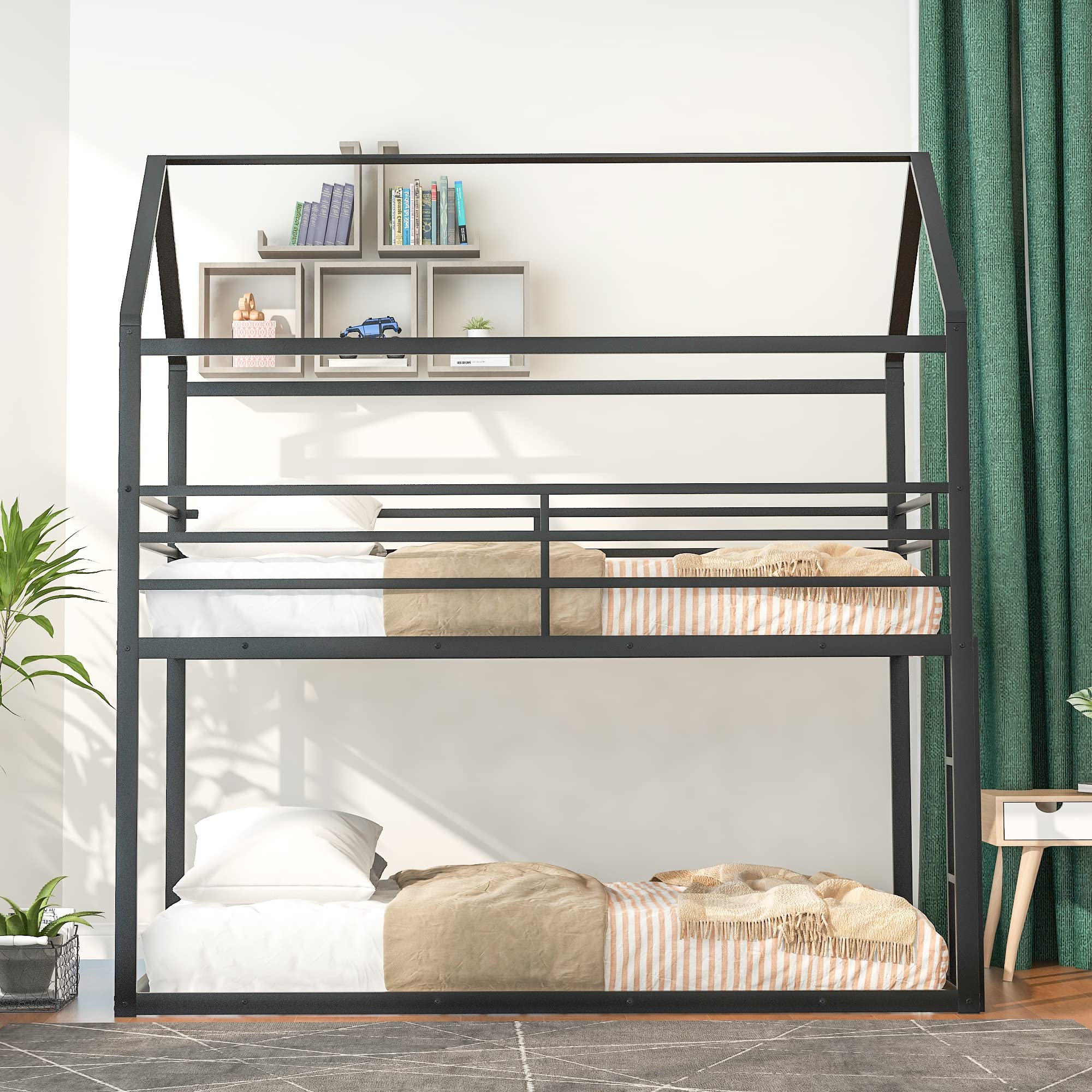 Sturdy Metal Twin Over Twin Bunk Beds for Kids with Roof - Heavy Duty Floor Bunk Bed for Boys & Girls - No Box Spring Needed - Black - Perfect for Small Bedrooms, Shared Kids Rooms & Sleepovers