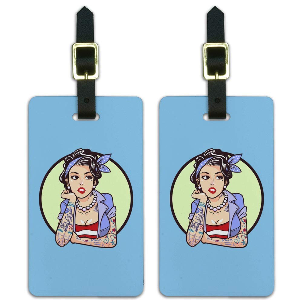 Vintage Rockabilly Pin Up Girl Tattoo Design Luggage ID Tags - Set of 2 Retro Style Travel Accessories for Suitcases, Backpacks & Carry-On Bags