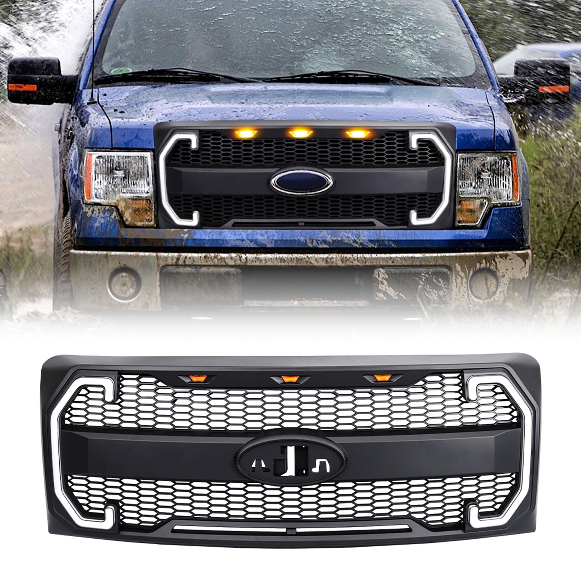 Raptor Style Mesh Grille with DRL & Turn Signals for 2009-2014 Ford F150 | Matte Black | Off-Road & Street Upgrade | Enhanced Style & Visibility