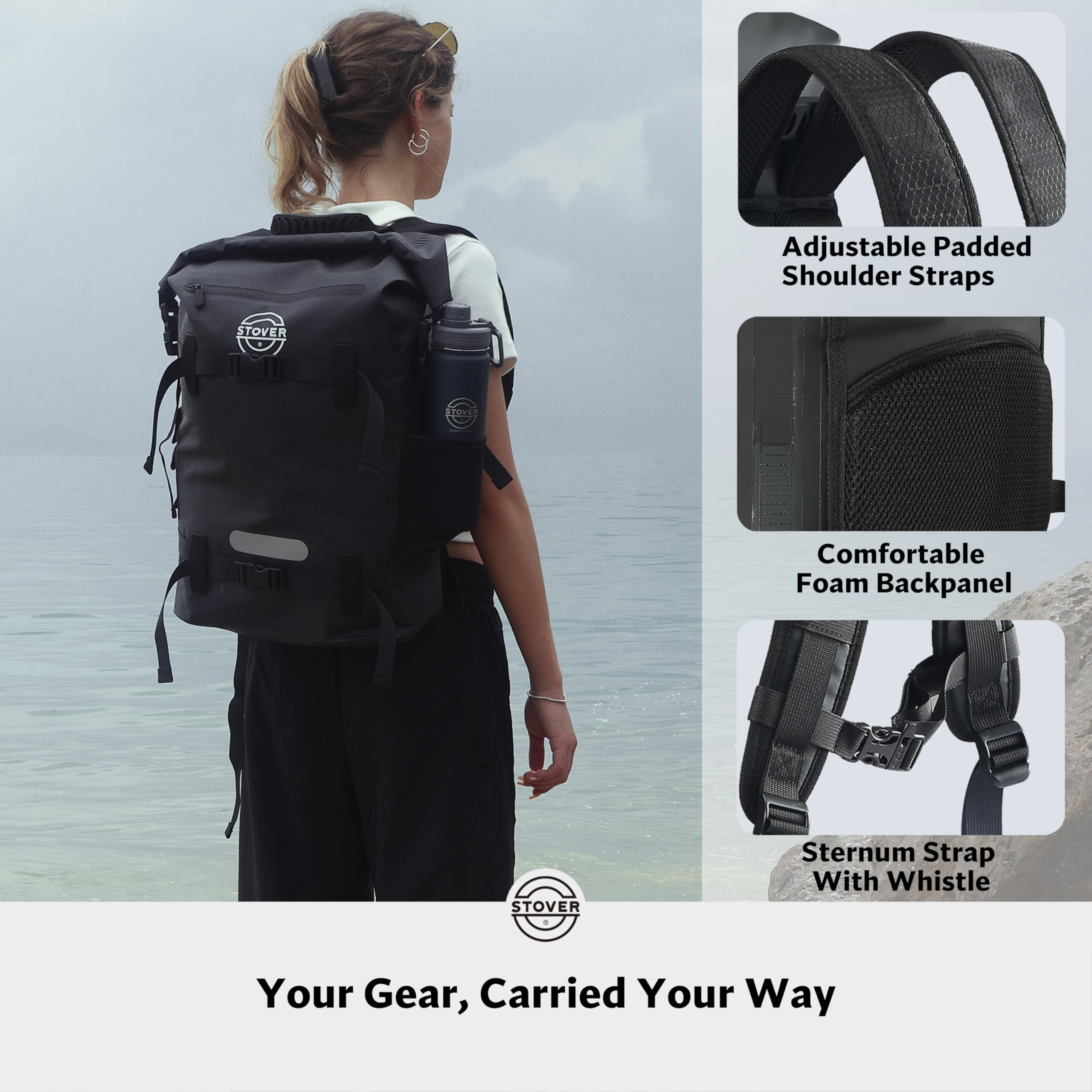 STOVER 5L/10L/25L/30L/40L/55L Waterproof Dry Backpack - Heavy Duty Roll Top Floating Dry Bag for Kayaking, Hiking, Camping, Fishing, Beach, Travel & Motorcycle Gear - Ideal for Outdoor Adventures & Water Sports (Black)
