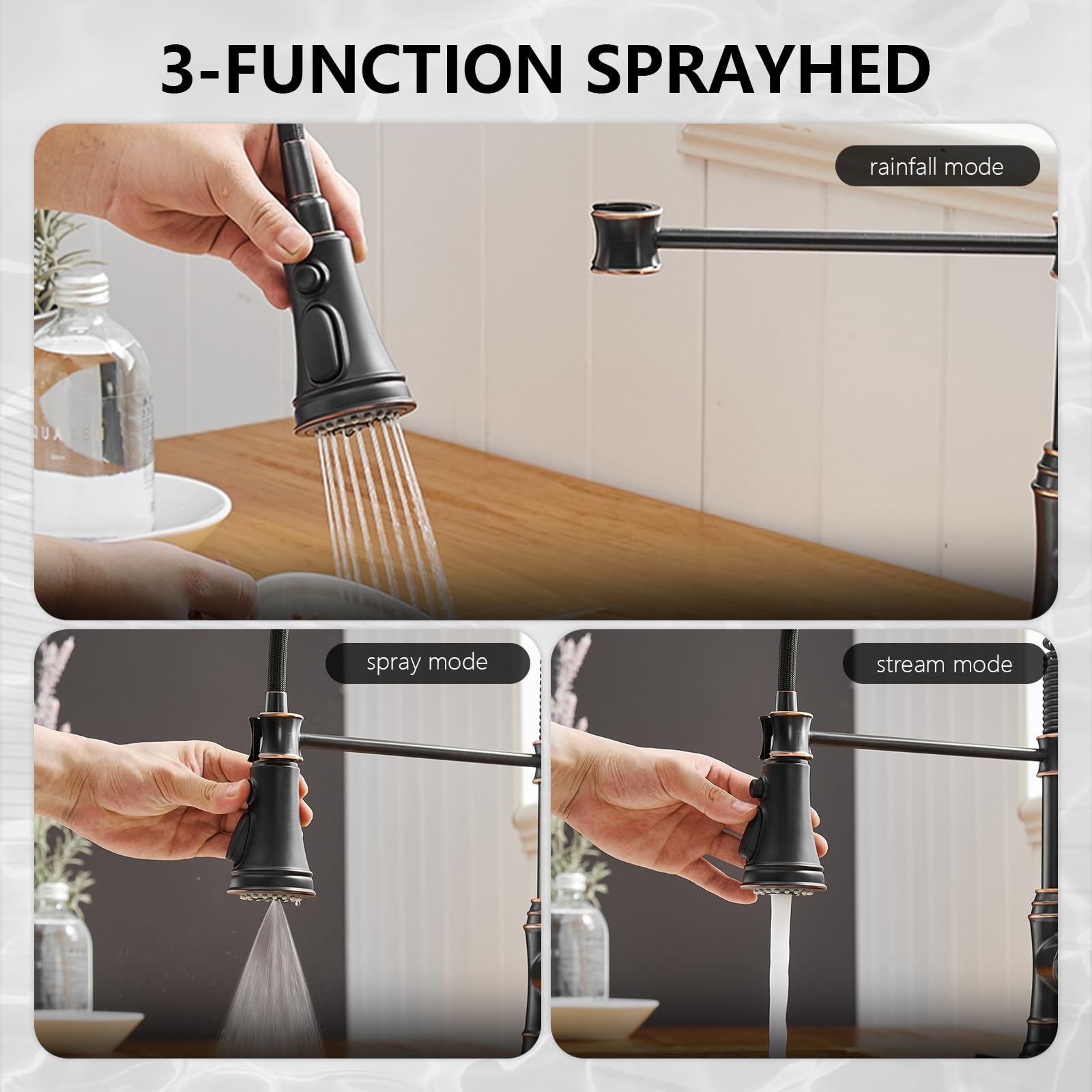 BWE High Arc Single Handle Pull Down Kitchen Faucet with Deck Plate - 3 Function Sprayer Spring, Oil Rubbed Bronze Finish - Perfect for Farmhouse, Commercial & Bar Sinks