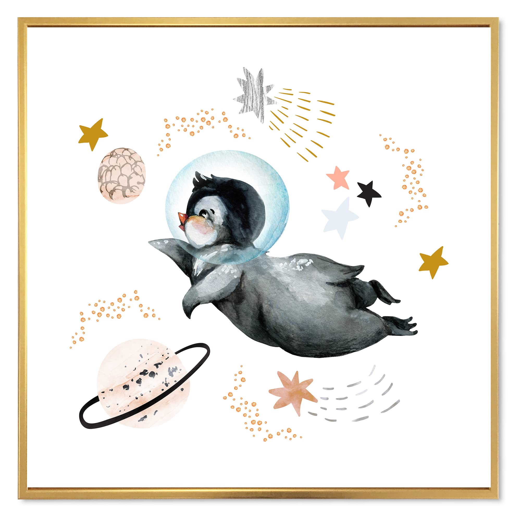 Little Penguin Flying Stars and Planets II - Farmhouse Framed Canvas Wall Art Print - Nursery Decor, Kids Room Wall Decor, Living Room Artwork