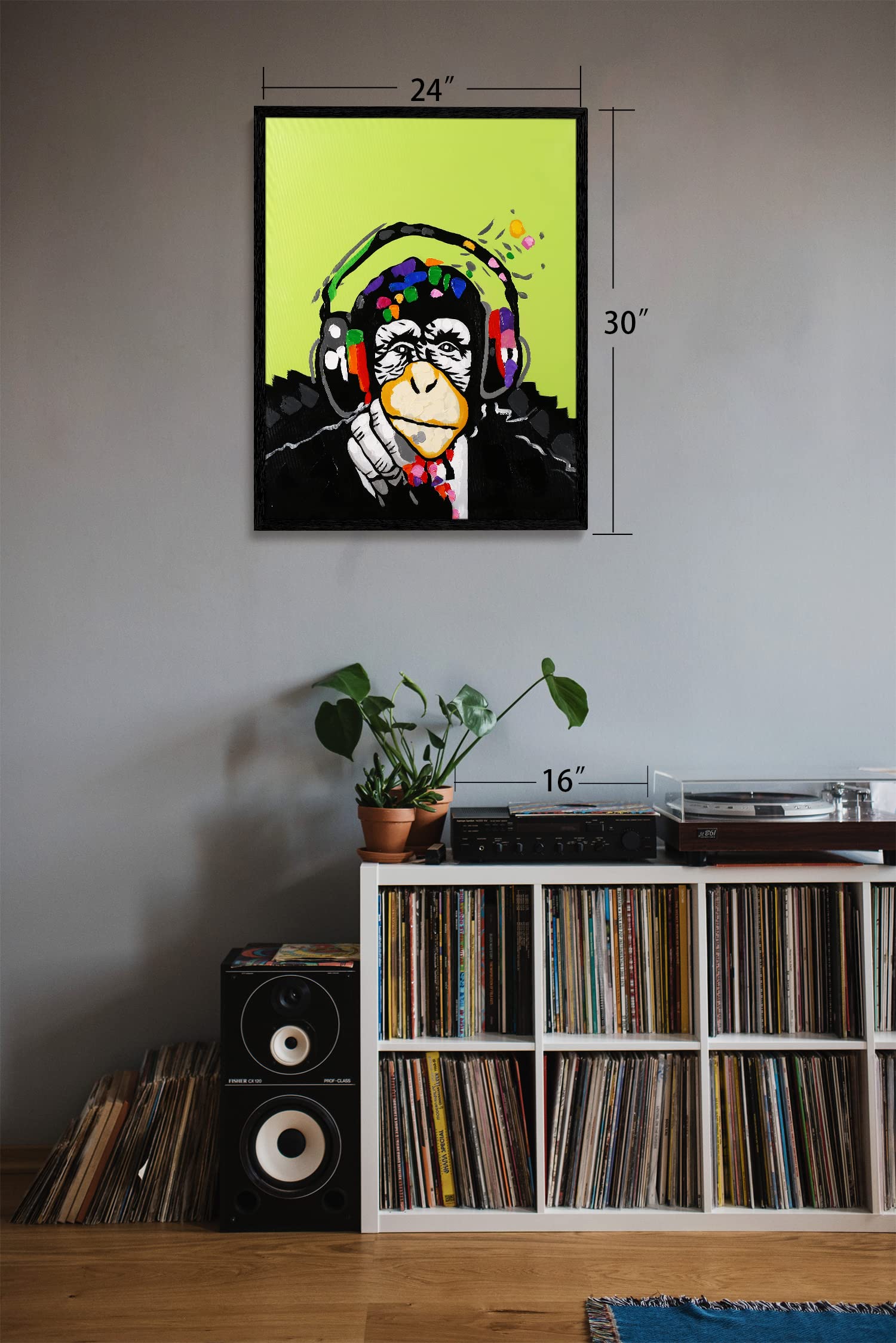Modern Animal Pop Art Framed Canvas Print - Monkey Music with Headphones Wall Decor for Living Room, Bedroom & Office - 27x39 Inch Gallery Wrapped Inner Frame Artwork
