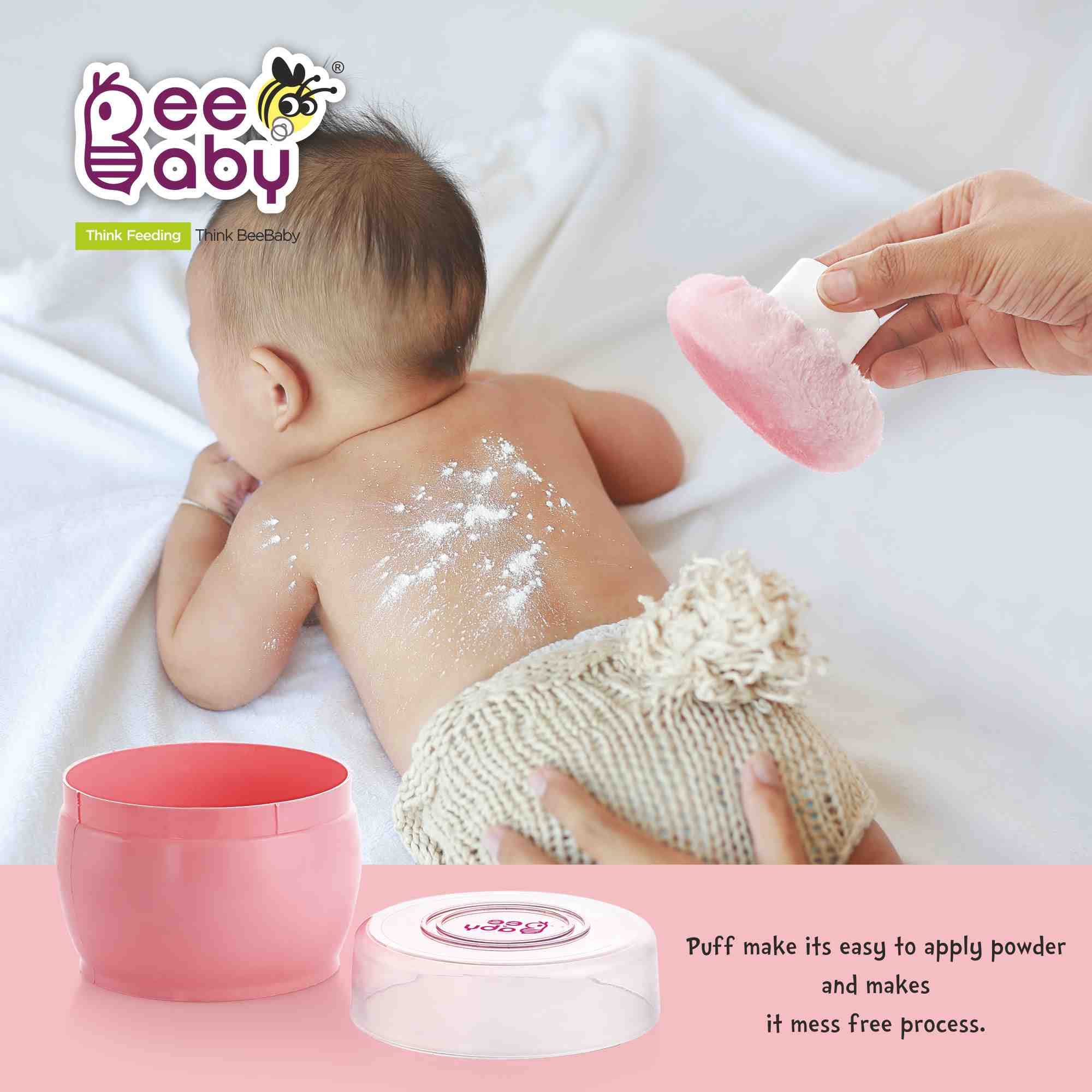 BeeBaby Premium Baby Powder Puff with Container - Soft & Gentle for Newborns & Infants (Pink, 1-Pack) | Ideal for Diaper Changes, Baby Care & On-the-Go Use