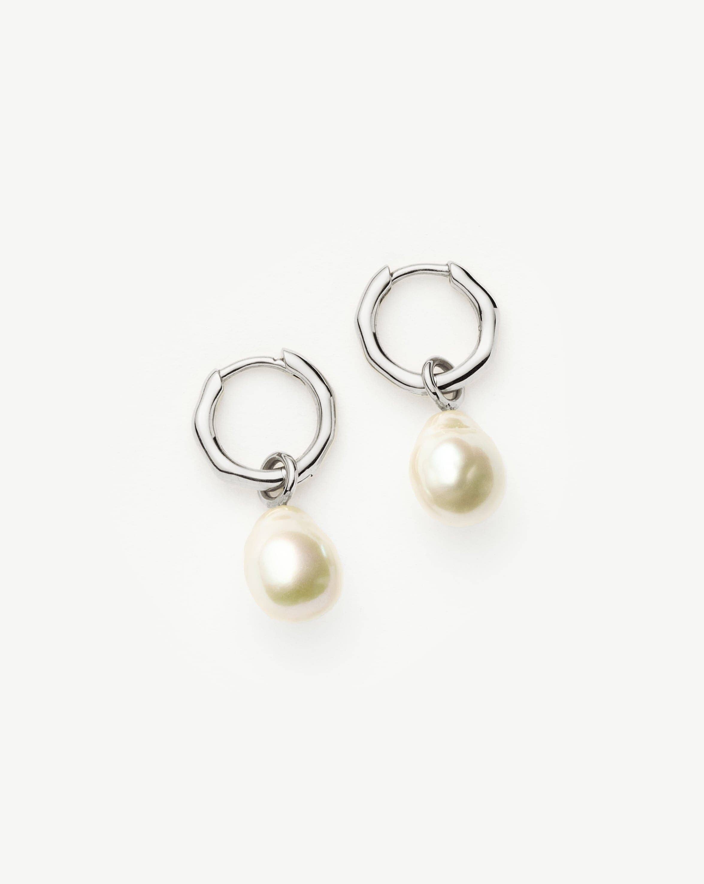 14K Solid White Gold Baroque Pearl Hoop Earrings | Organic Pearls for Women | Elegant Jewelry for Weddings, Parties & Special Occasions