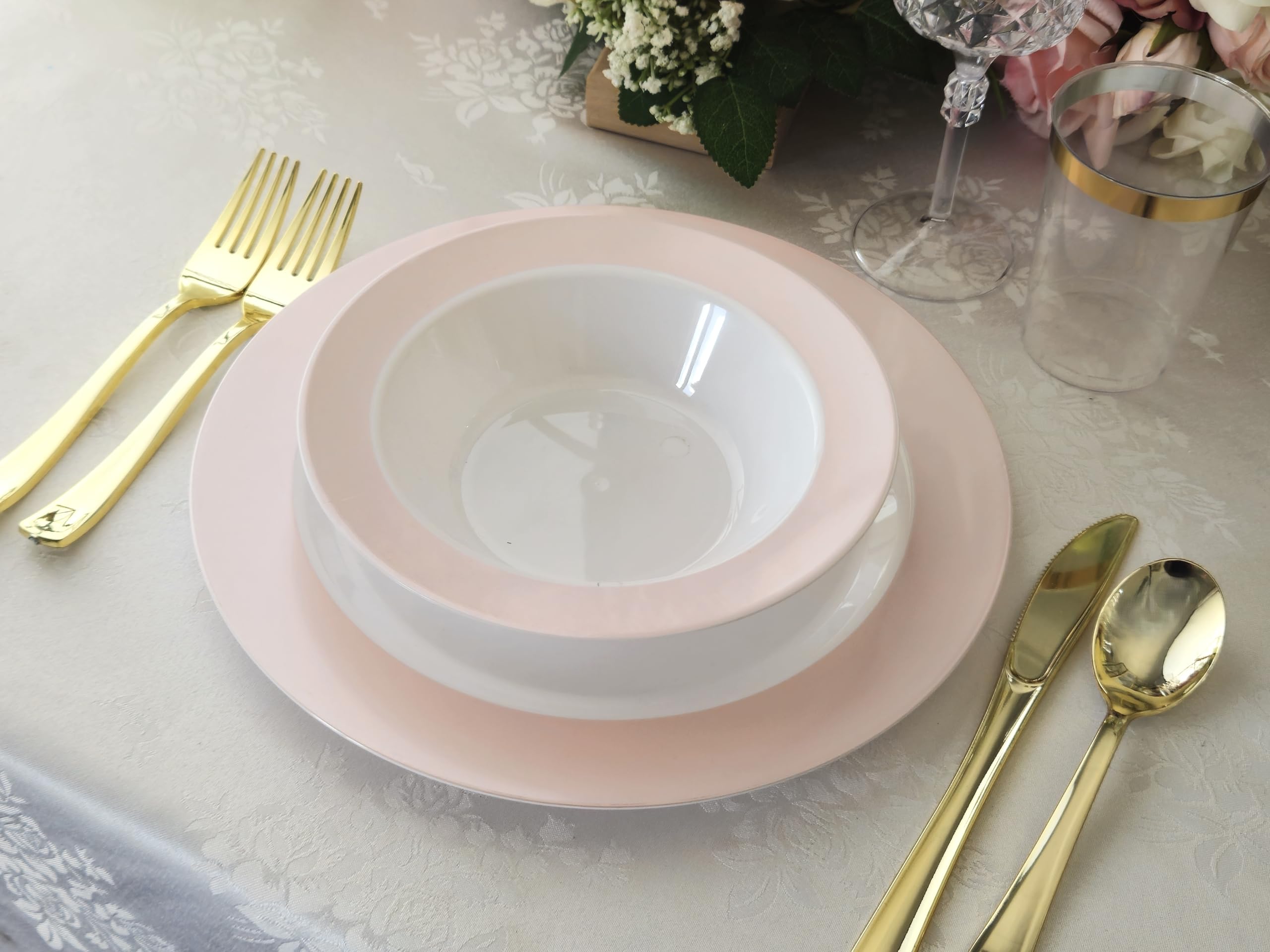 240-Pack Heavyweight Disposable Plastic Plates for Weddings & Parties - 120x10.25'' Dinner Plates + 120x7.5'' Salad/Dessert Plates in Rio Collection White & Pearled Pink Blush | Elegant Tableware for Bridal Showers, Baby Showers & Special Events