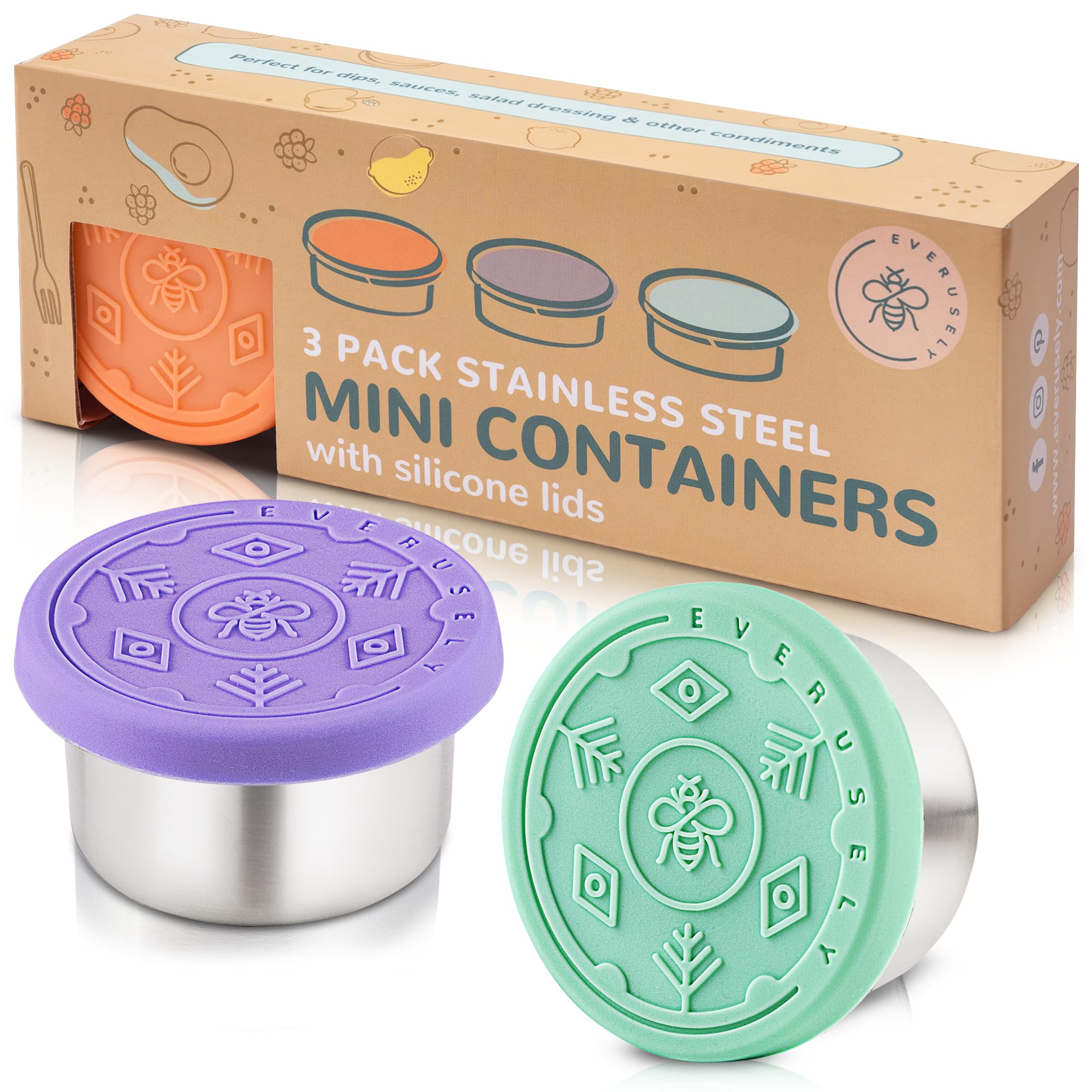 Everusely Stainless Steel Condiment Cups - 3 Pack, 1.7 oz with Lids - Perfect for Lunchbox & Meal Prep