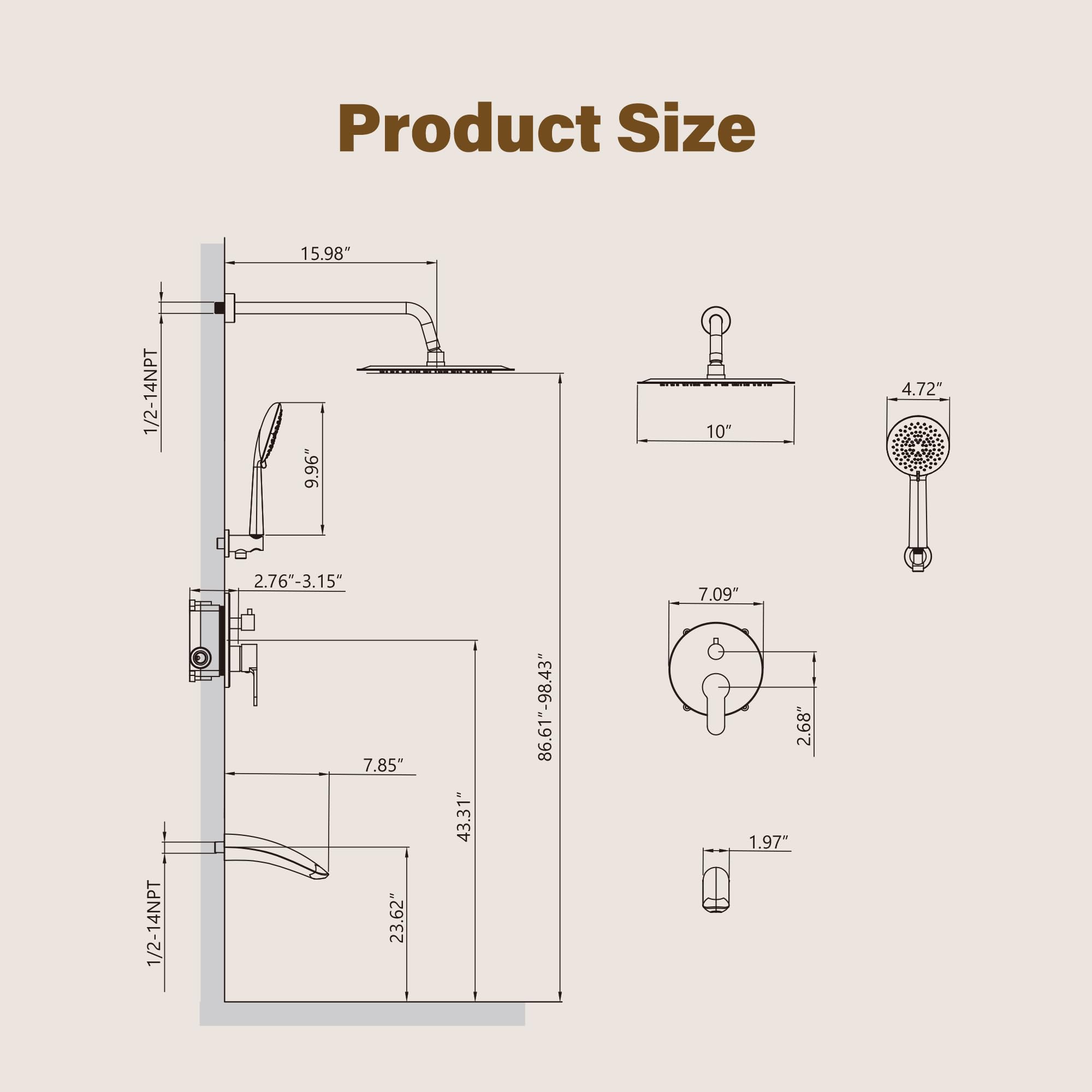 Gabrylly Brushed Gold Shower System with Tub Spout - 10
