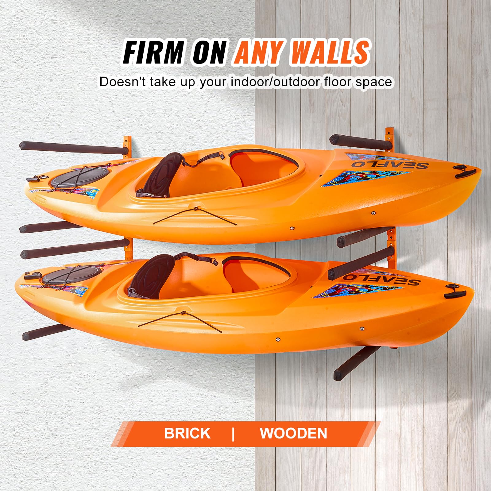 VEVOR 4-Capacity Wall Mounted Kayak Storage Rack - Heavy Duty 400 LB Capacity Adjustable Padded Kayak Canoe Paddle Board Holder for Indoor Outdoor Garage, Backyard, or Boat House - Perfect for Space Saving Kayak Organization and Secure Storage