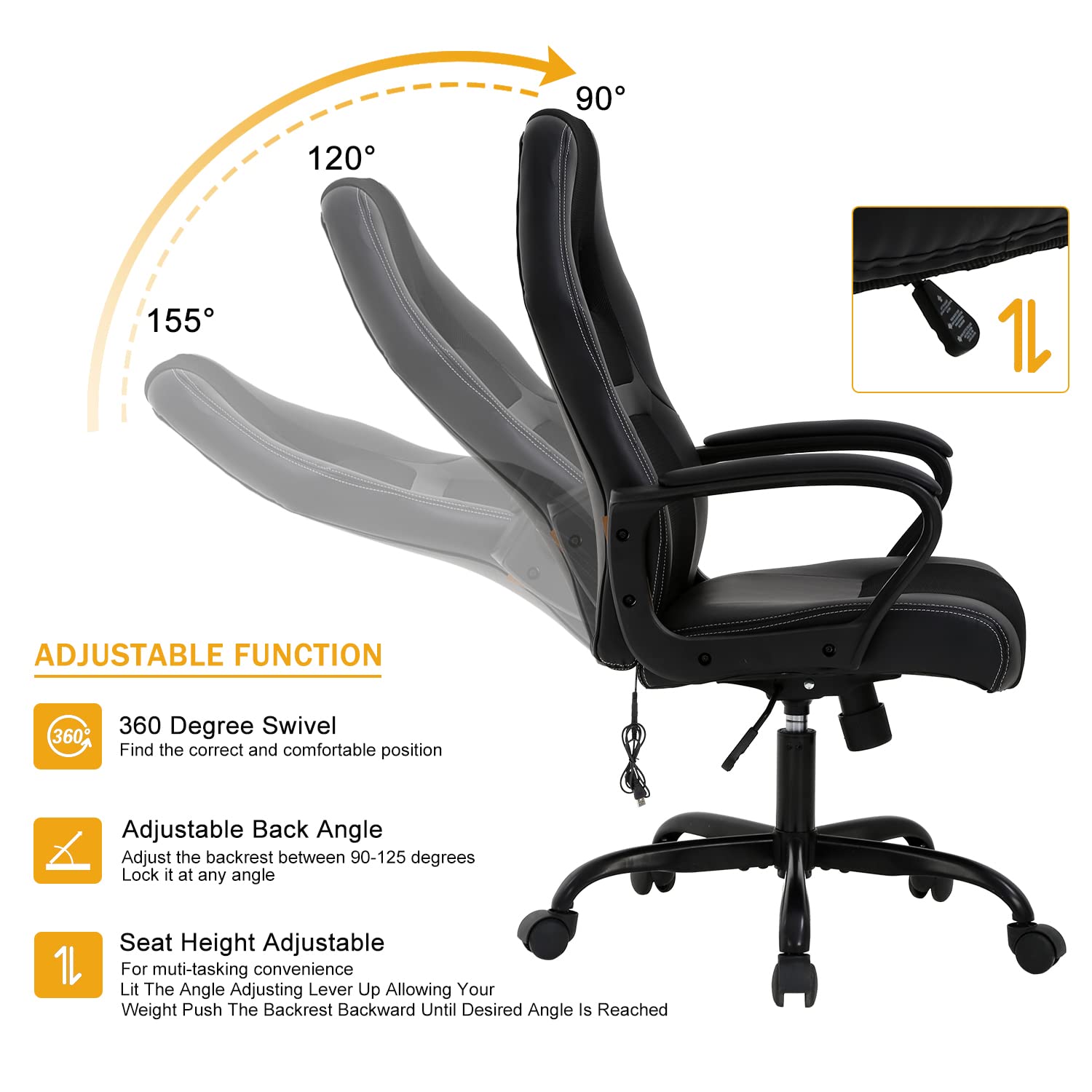 Ergonomic Gaming Chair for Adults - Adjustable Racing Office Chair with Lumbar Support & Armrests - Reclining Computer Task Chair for Video Games & Work - Black (Perfect for Home Office, Gaming Setup & Esports)