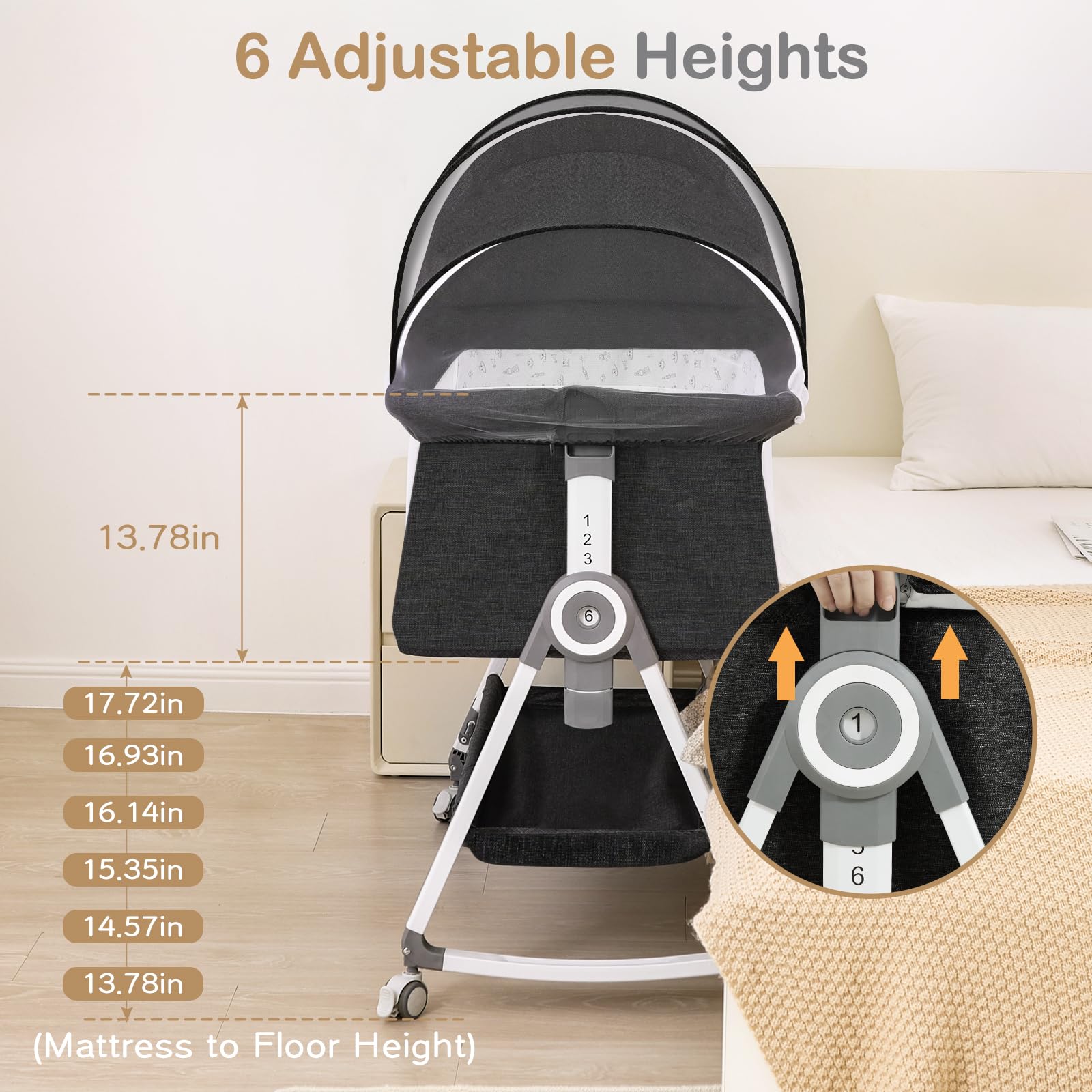 4-in-1 Baby Bassinet & Bedside Sleeper for Newborns - Adjustable Height Crib with 360° Wheels, Storage Basket & Mosquito Net | Portable Infant Bed for Nursery, Travel & Co-Sleeping | Breathable Mesh Design for Safe Baby Sleep